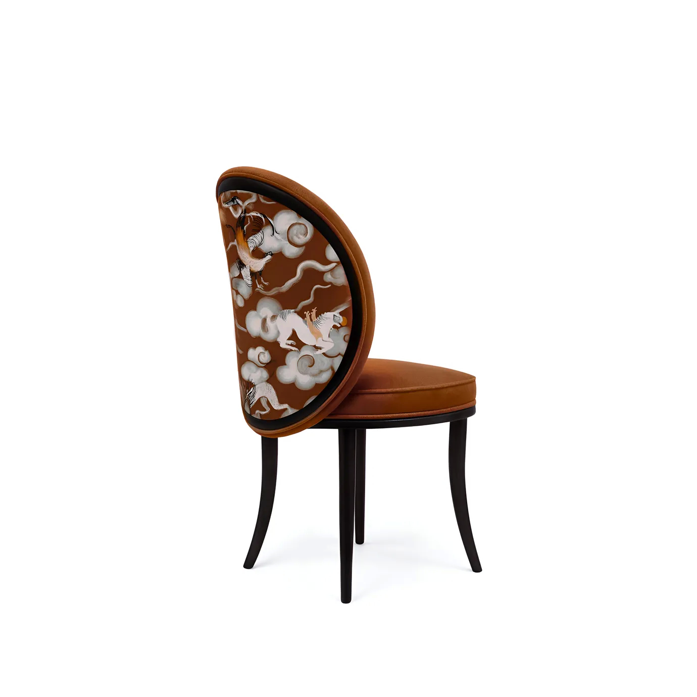 Elegant dining chair with a sculptural silhouette, upholstered in rich velvet and accented by cloud-inspired side detailing in soft neutral tones.