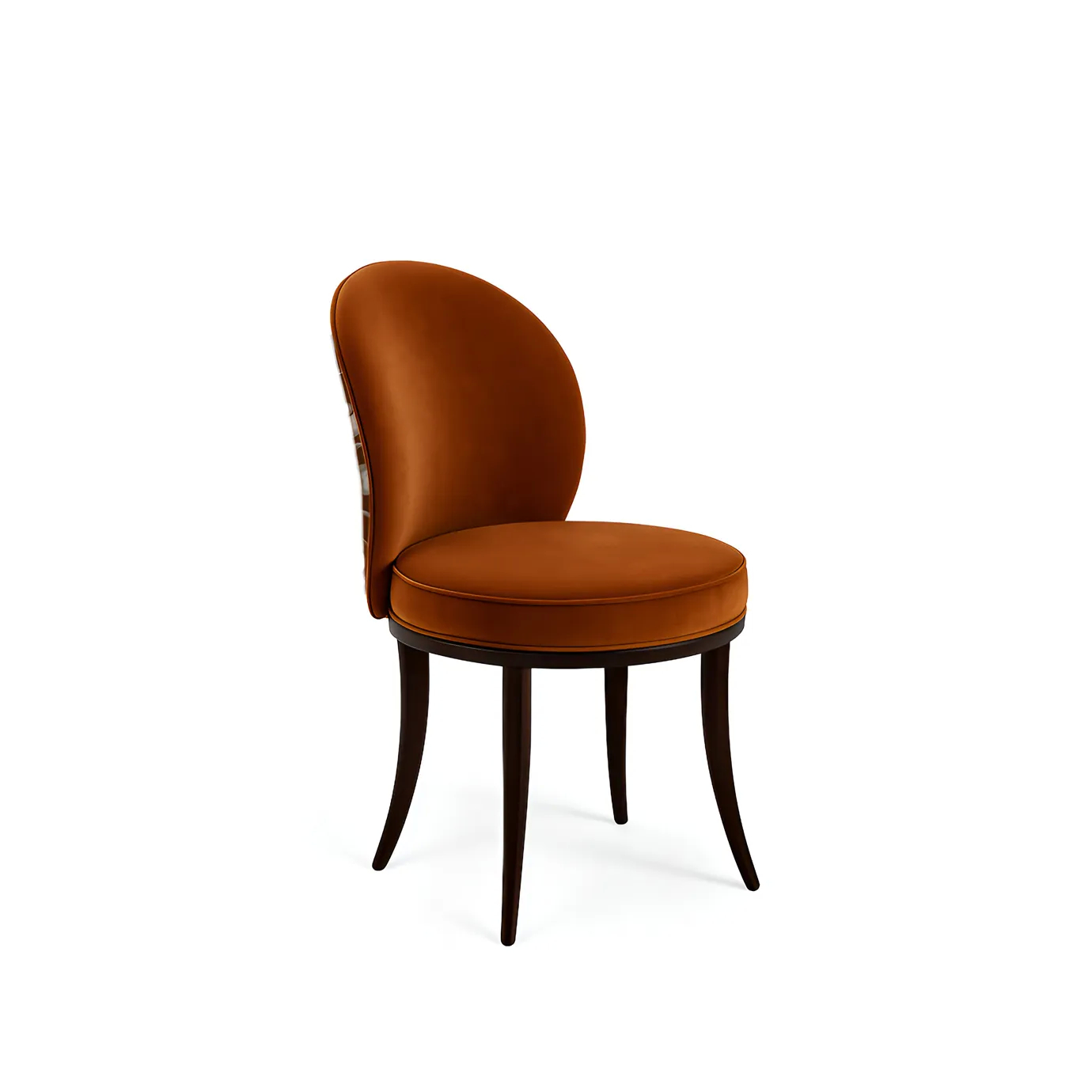 Elegant dining chair with a sculptural silhouette, upholstered in rich velvet and accented by cloud-inspired side detailing in soft neutral tones.