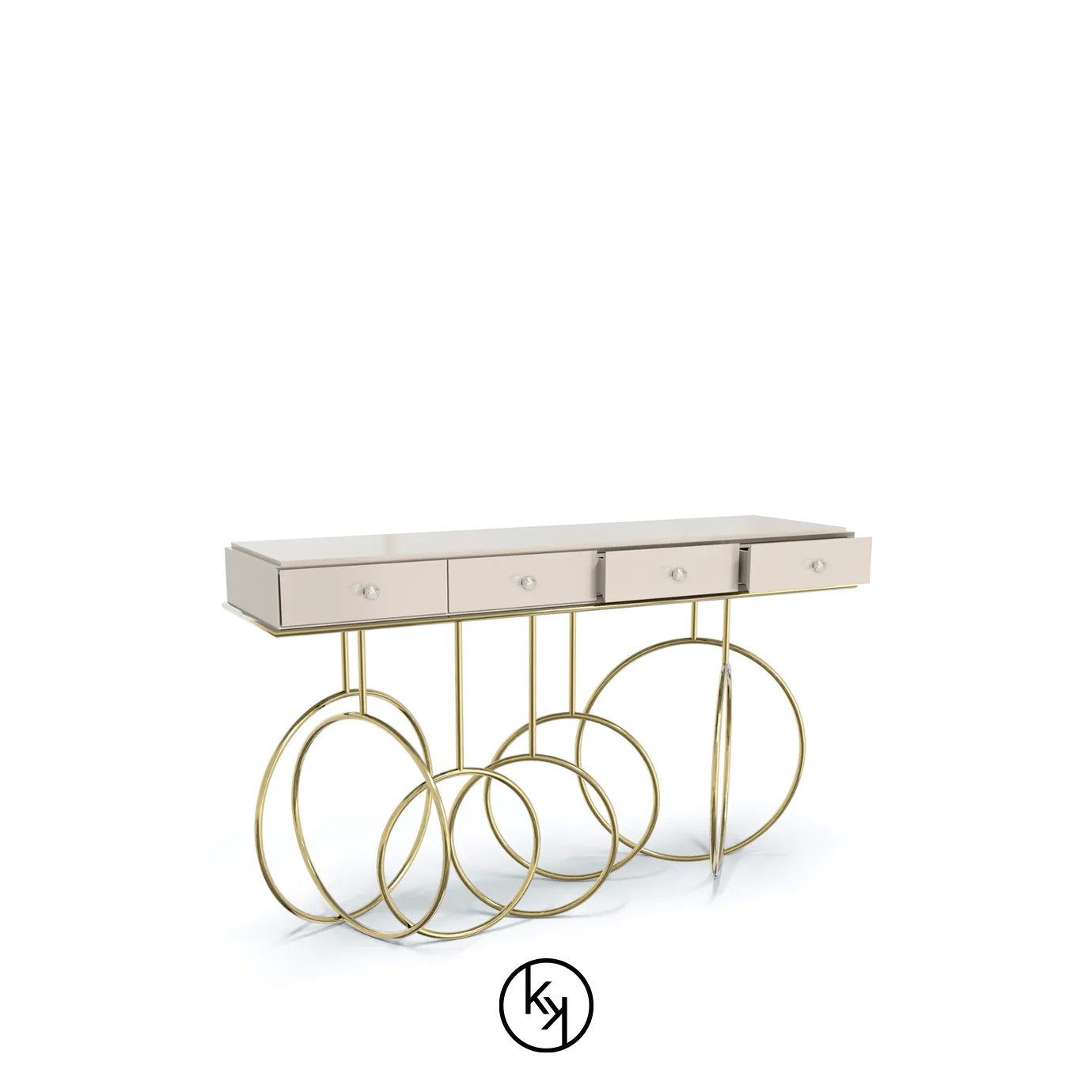 Elegant Burlesque Console with cream top and golden intertwined circles base.