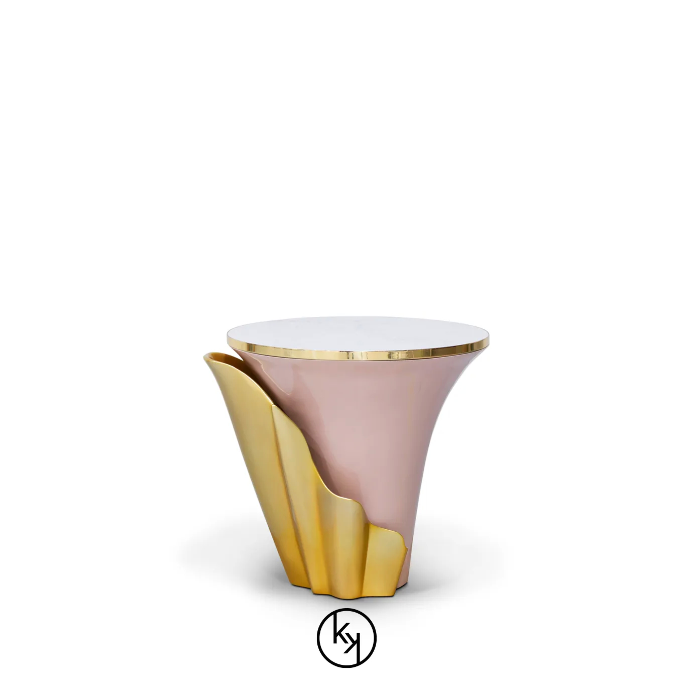 Featuring a sultry silhouette, Yasmine Side Table has a black marble tabletop with golden edges, set on a solid wooden light pink base, adorned with a golden structure that arches back and forth.