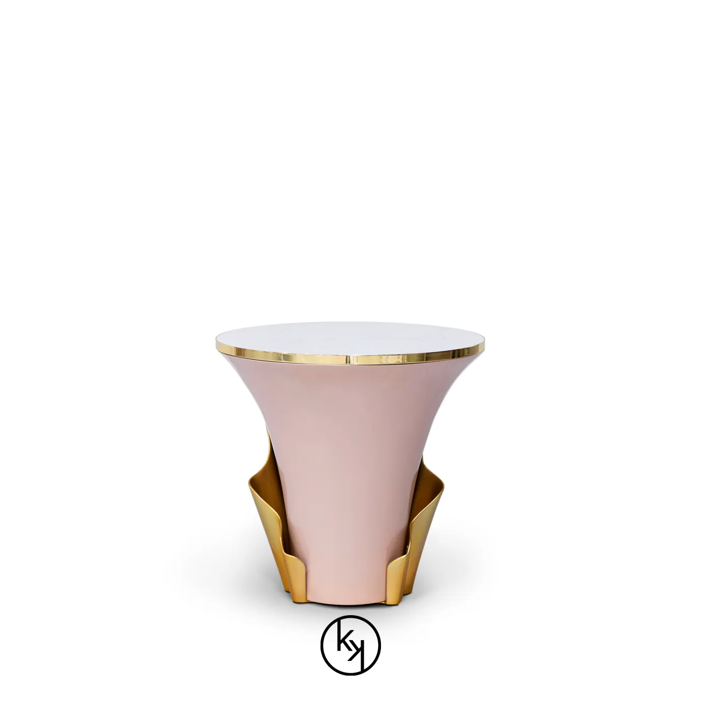 Featuring a sultry silhouette, Yasmine Side Table has a black marble tabletop with golden edges, set on a solid wooden light pink base, adorned with a golden structure that arches back and forth.