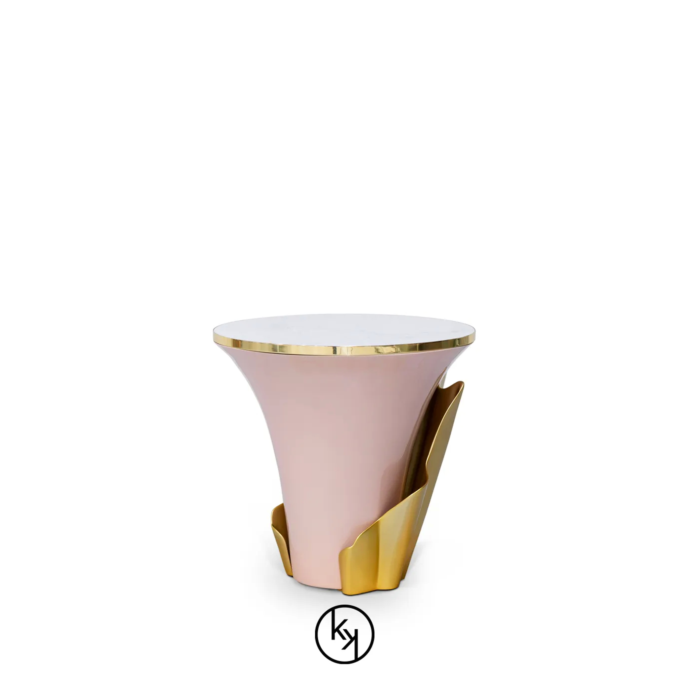 Featuring a sultry silhouette, Yasmine Side Table has a black marble tabletop with golden edges, set on a solid wooden light pink base, adorned with a golden structure that arches back and forth.