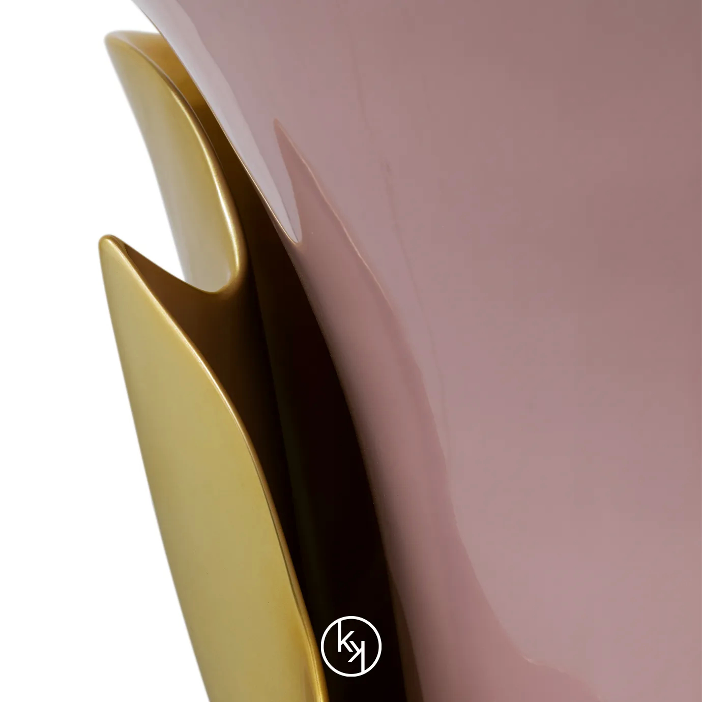 Featuring a sultry silhouette, Yasmine Side Table has a black marble tabletop with golden edges, set on a solid wooden light pink base, adorned with a golden structure that arches back and forth.