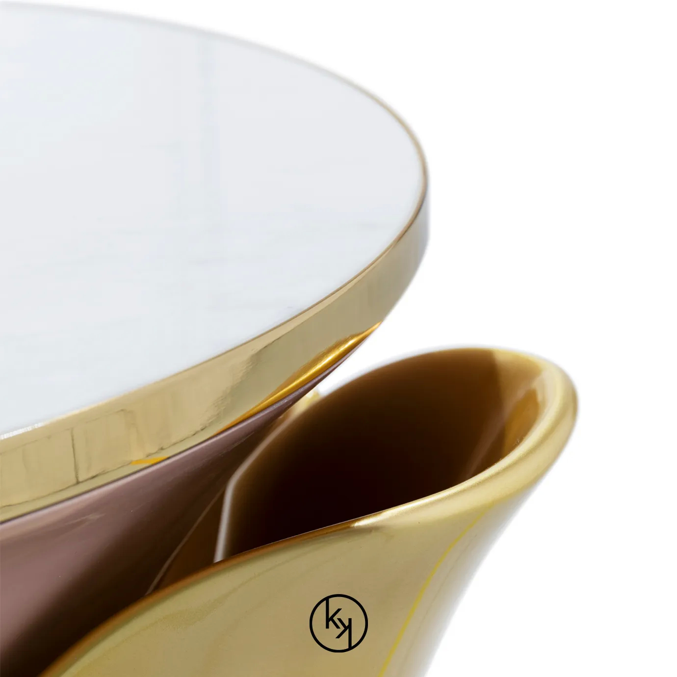 Featuring a sultry silhouette, Yasmine Side Table has a black marble tabletop with golden edges, set on a solid wooden light pink base, with a white top, adorned with a golden structure that arches back and forth.