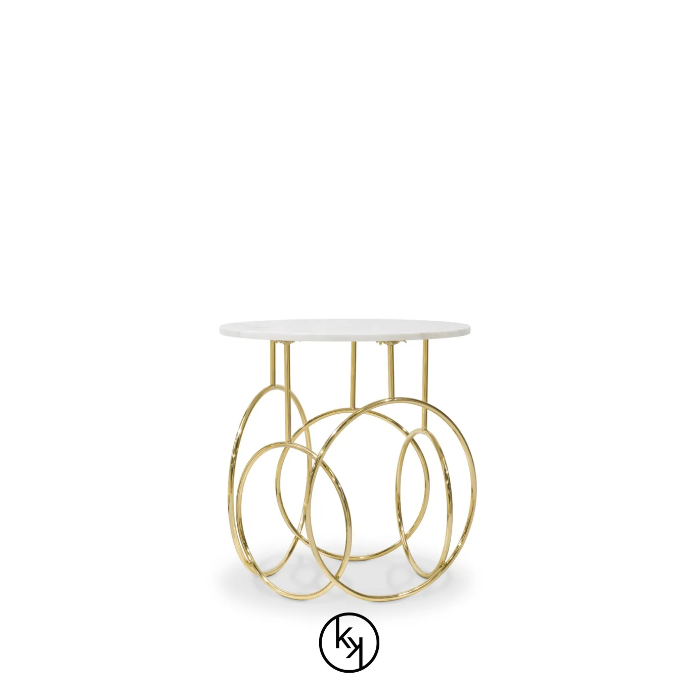 Elegant Kiki Side Table with round top and sculptural golden base.