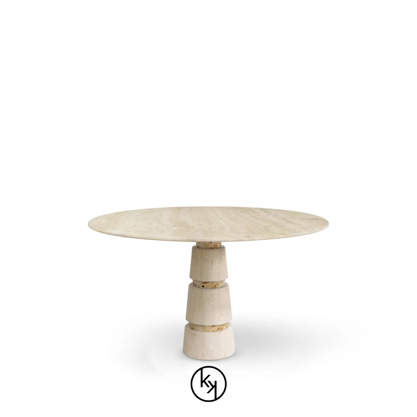 Elegant Avalanche Travertine Marble Dining Table with golden geometric base.