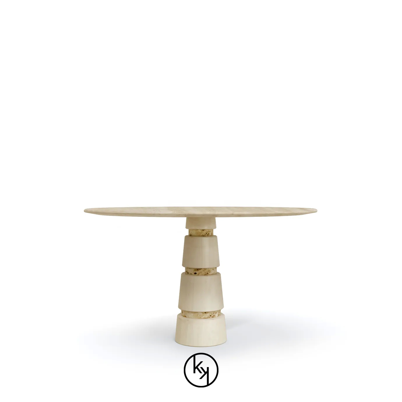 Elegant Avalanche Travertine Marble Dining Table with golden geometric base.