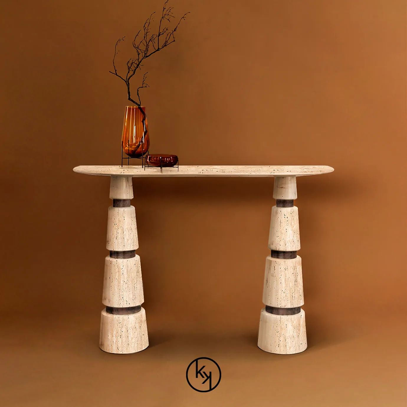 Avalanche Console: Travertine marble top and striking conical legs with details create a sleek, modern design.