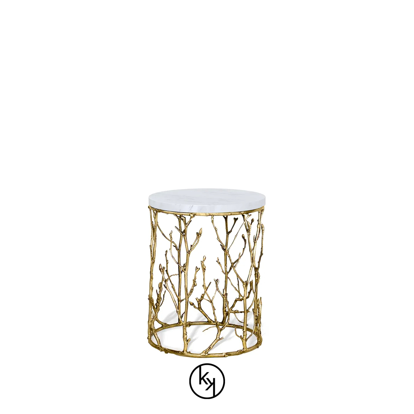 Featuring a white tabletop, the Enchanted Carrara Marble Side Table has a structure adorned with intricate aged brass details, resembling branches.
