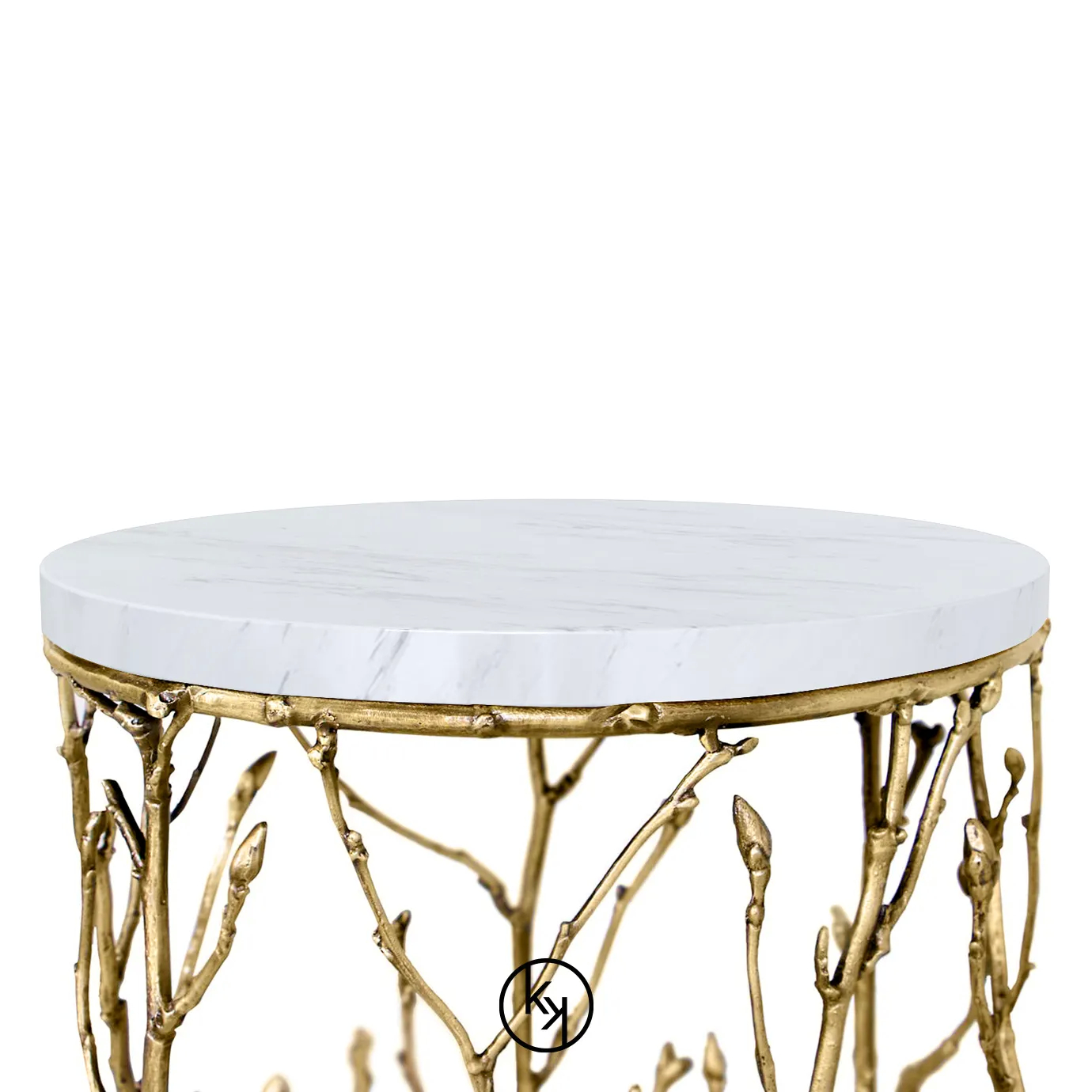 Featuring a white tabletop, the Enchanted Carrara Marble Side Table has a structure adorned with intricate aged brass details, resembling branches.