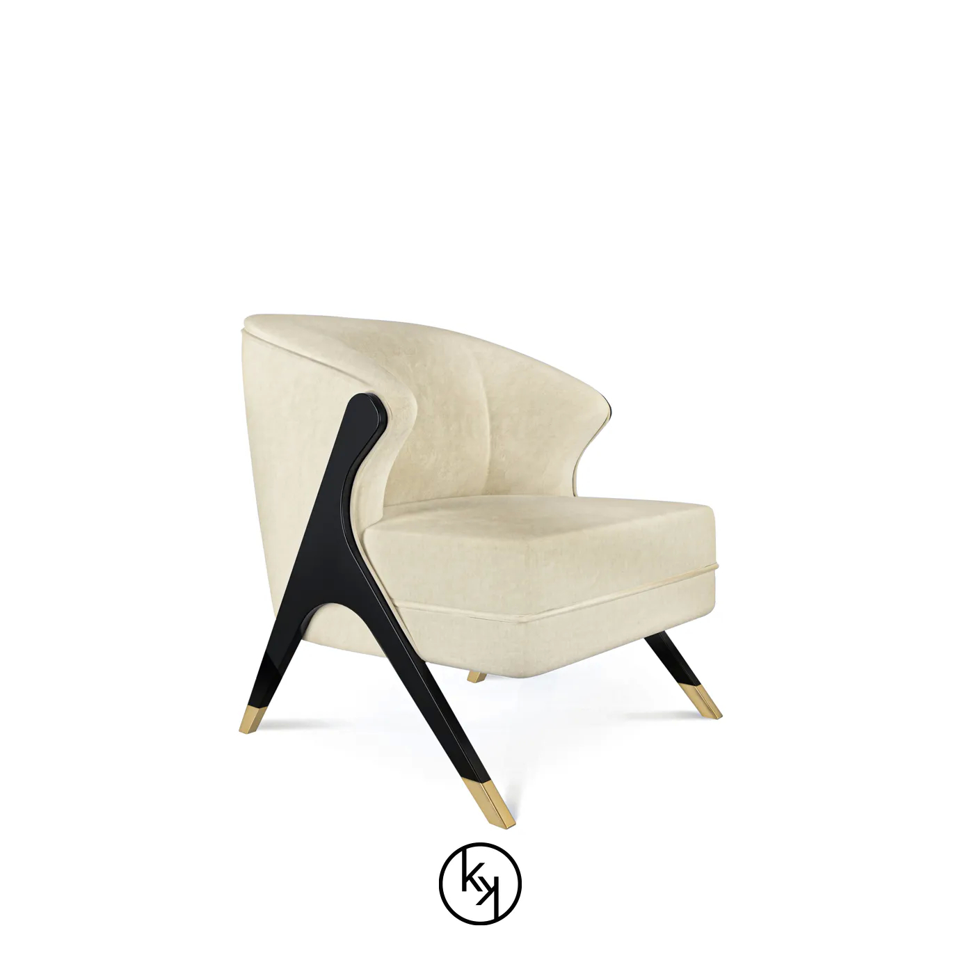 Naomi Chair by KOKET featuring a curved upholstered seat in light beige, framed by angular black lacquered legs with gold metal tips
