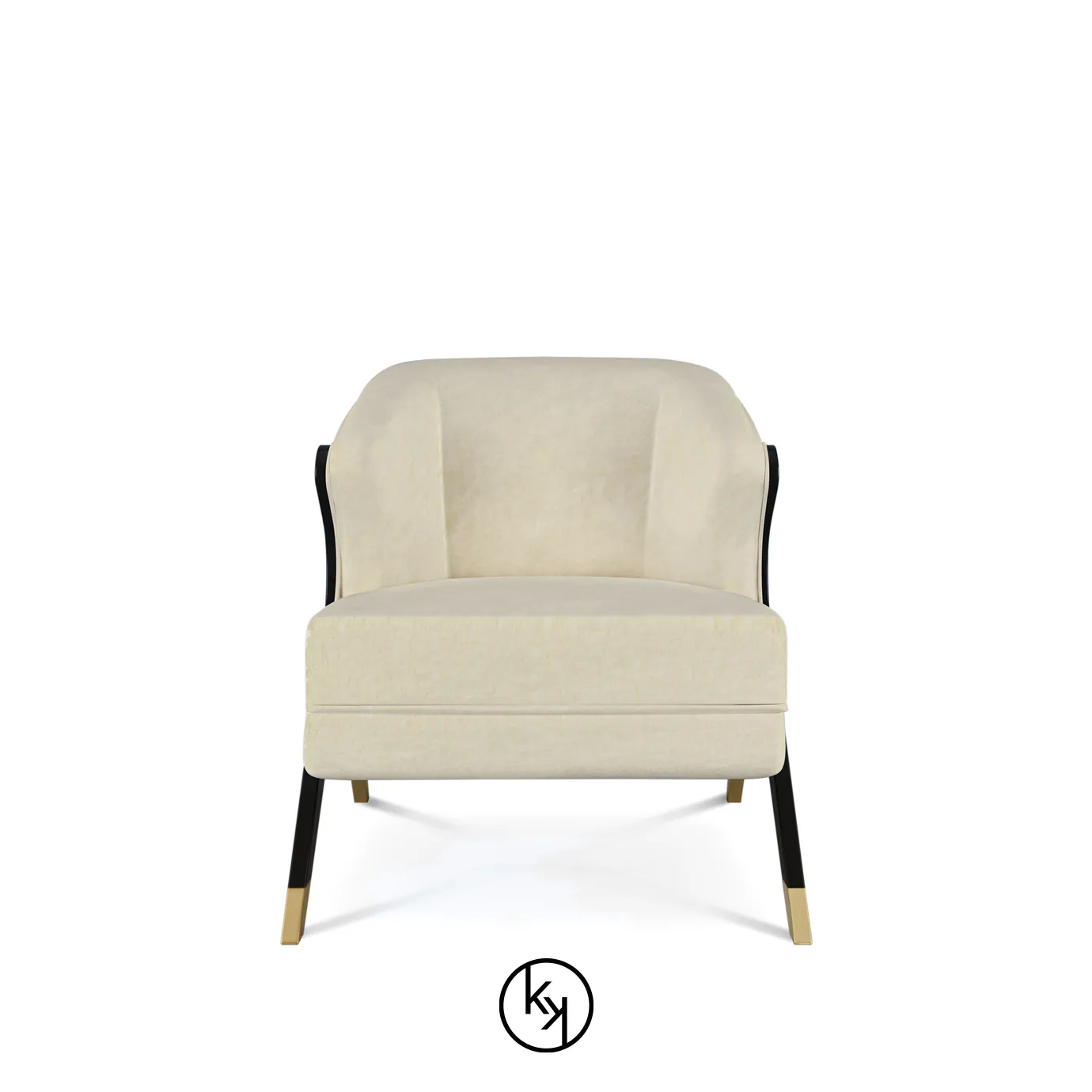 Naomi Chair by KOKET featuring a curved upholstered seat in light beige, framed by angular black lacquered legs with gold metal tips
