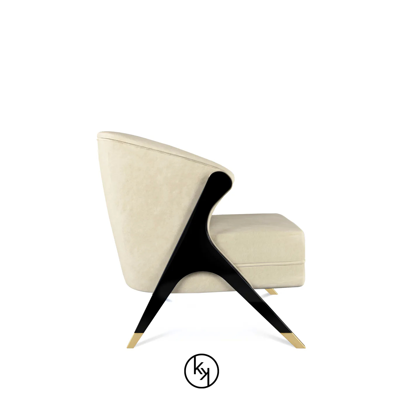Naomi Chair by KOKET featuring a curved upholstered seat in light beige, framed by angular black lacquered legs with gold metal tips