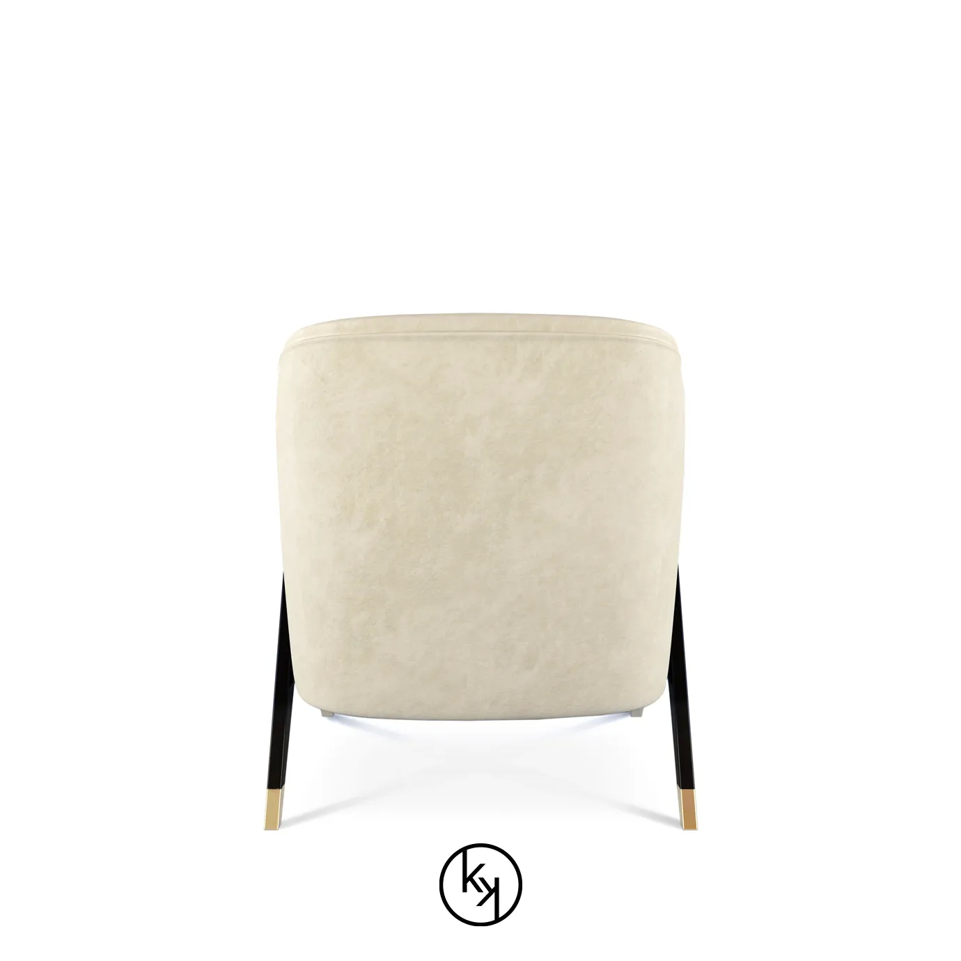 Naomi Chair by KOKET featuring a curved upholstered seat in light beige, framed by angular black lacquered legs with gold metal tips