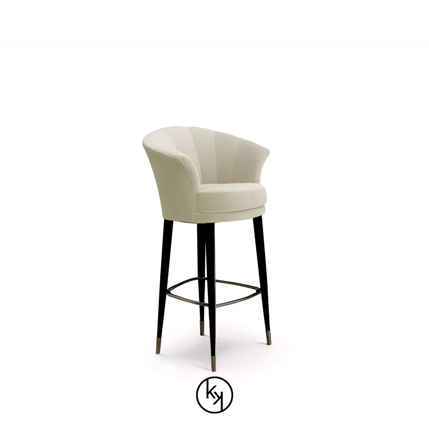 Besame Bar Stool with a cream-colored, fan-pleated back, a cushioned seat, and sleek black legs with metallic accents.