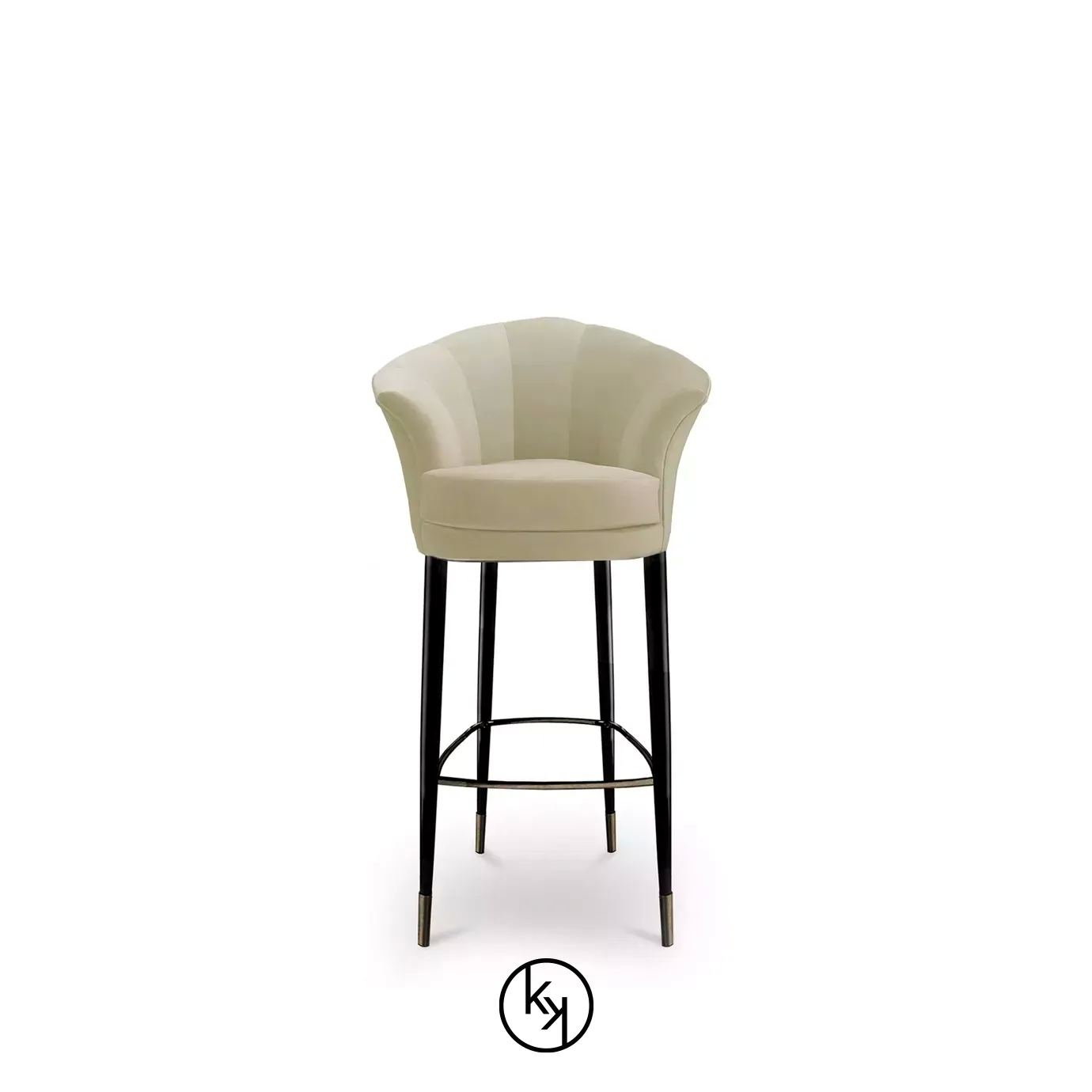 Besame Bar Stool with a cream-colored, fan-pleated back, a cushioned seat, and sleek black legs with metallic accents.