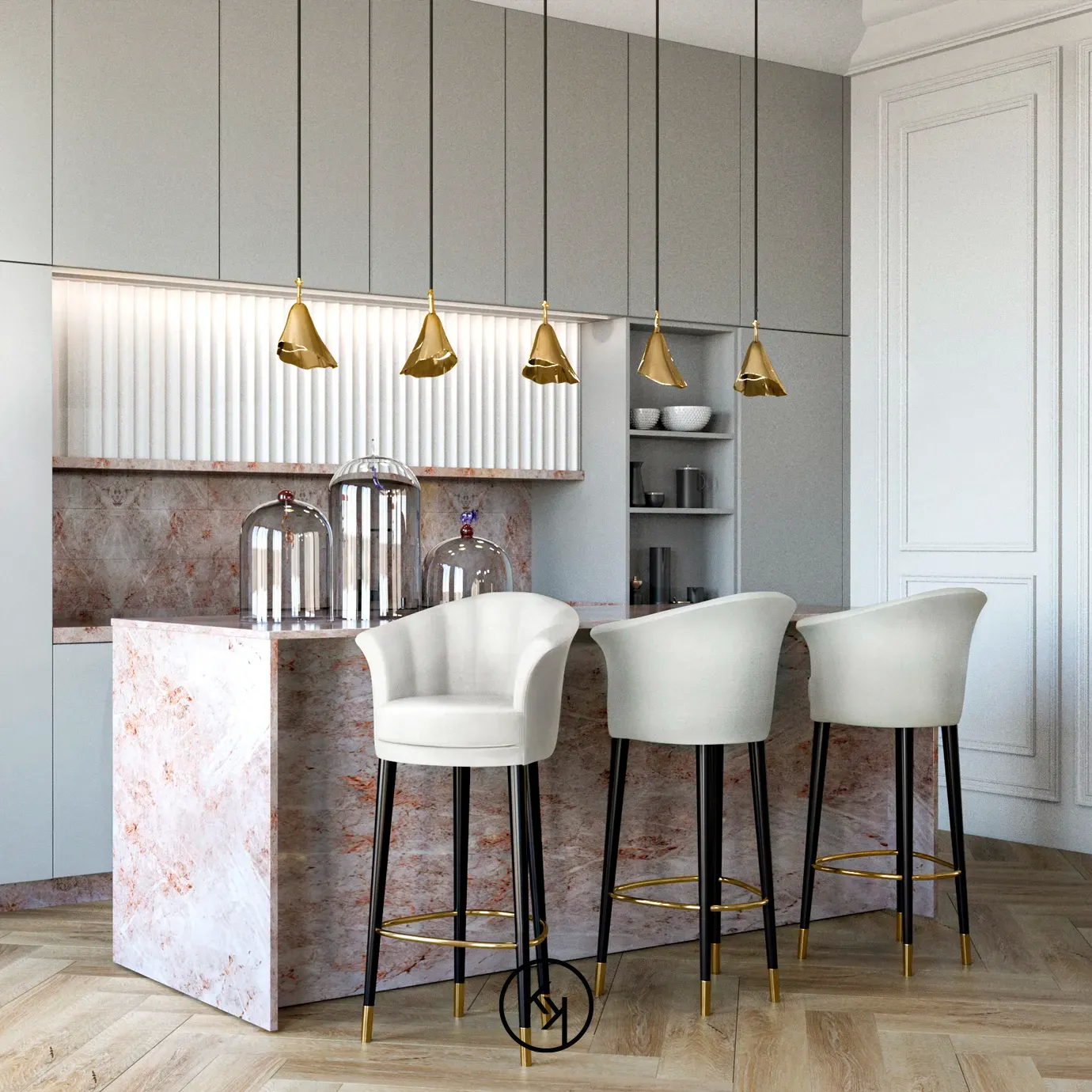 Three Besame Bar Stools in a kitchen setting with a marble island, pendant lights, and a cream-colored, fan-pleated design.