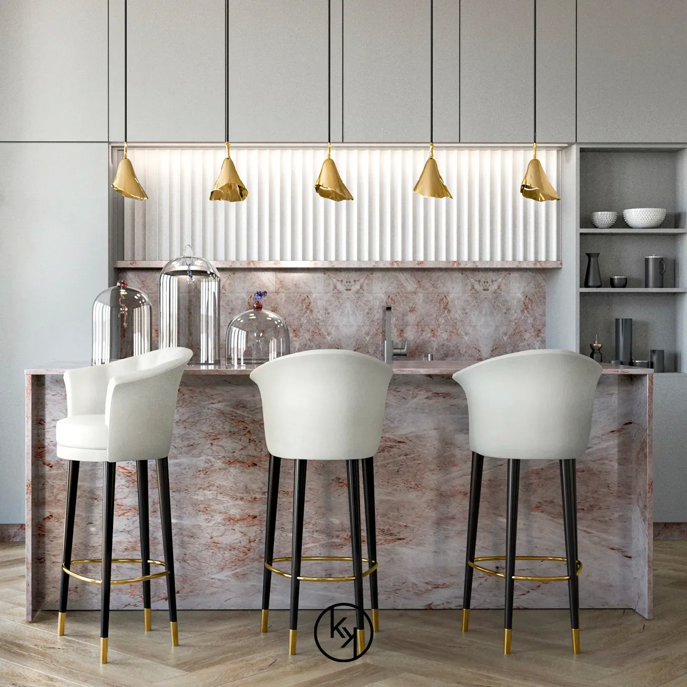 Three Besame Bar Stools in a kitchen setting with a marble island, pendant lights, and a cream-colored, fan-pleated design.