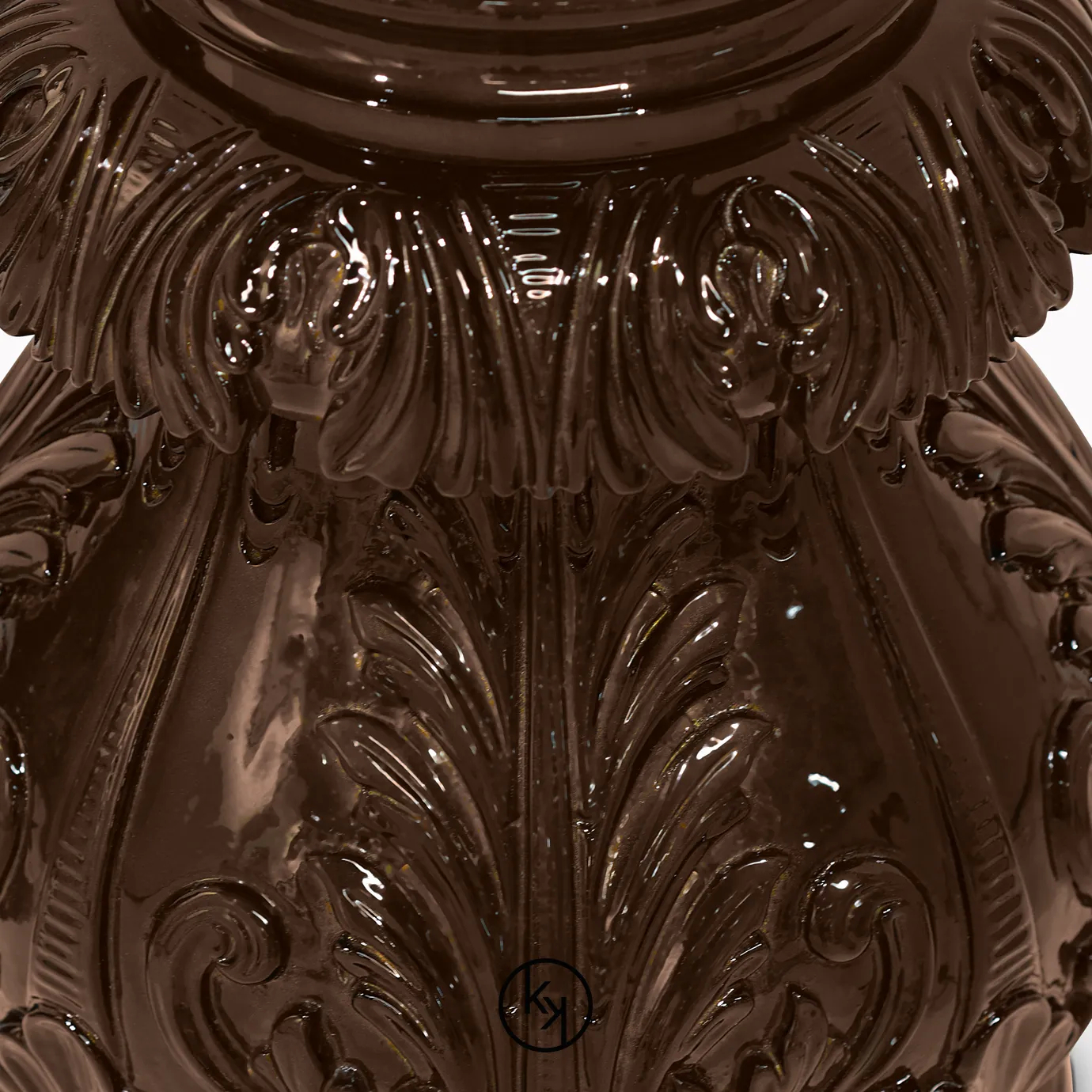 Elegant Lotus Floor Lamp with an ornate sculpted base in brown tones, a decorative vertical stem, and a black lampshade with fringe details.