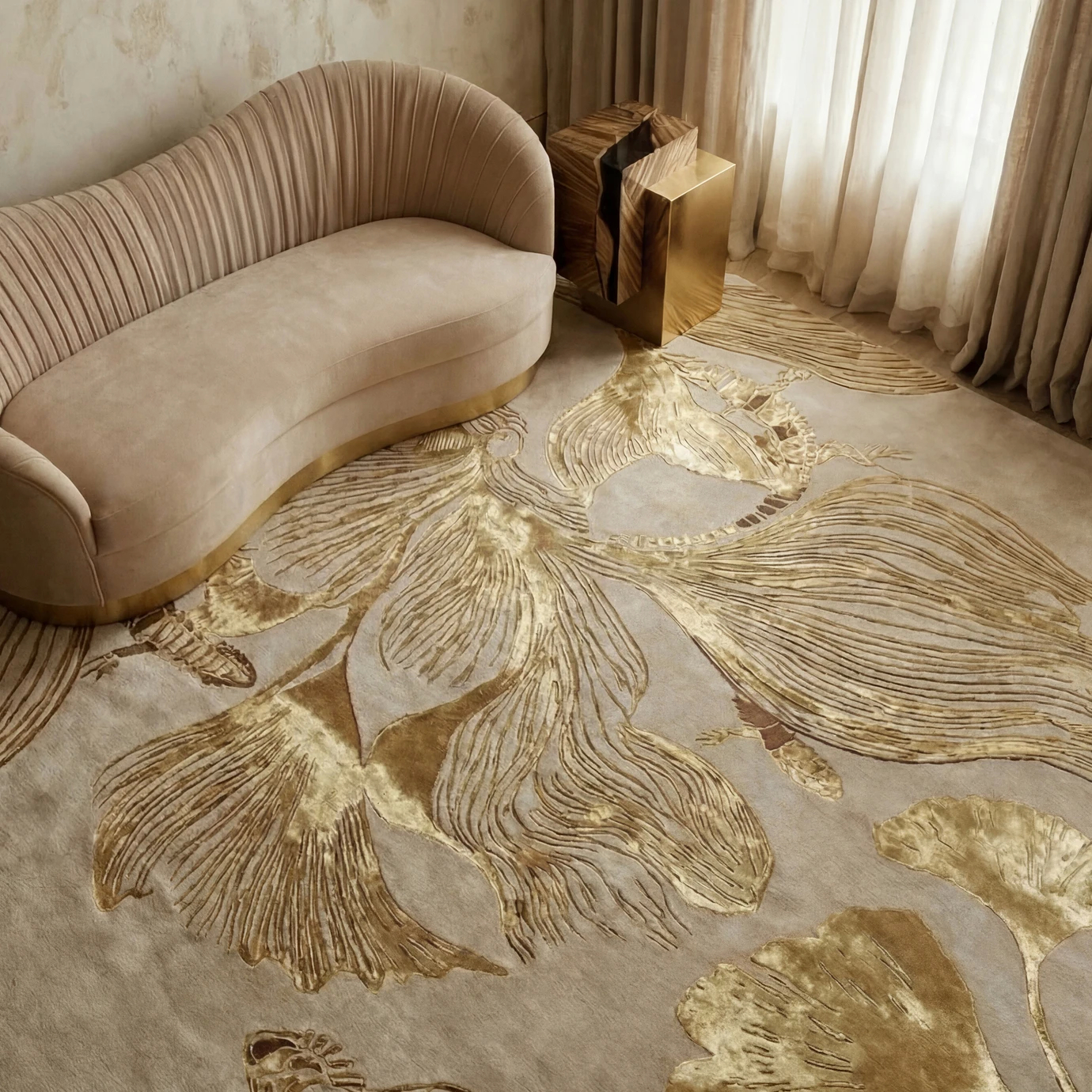 Top view of a luxury neutral interior with a beige curved sofa and the KOKET Flora Golden rug, featuring hand-tufted metallic gold leaf motifs and rich texture.