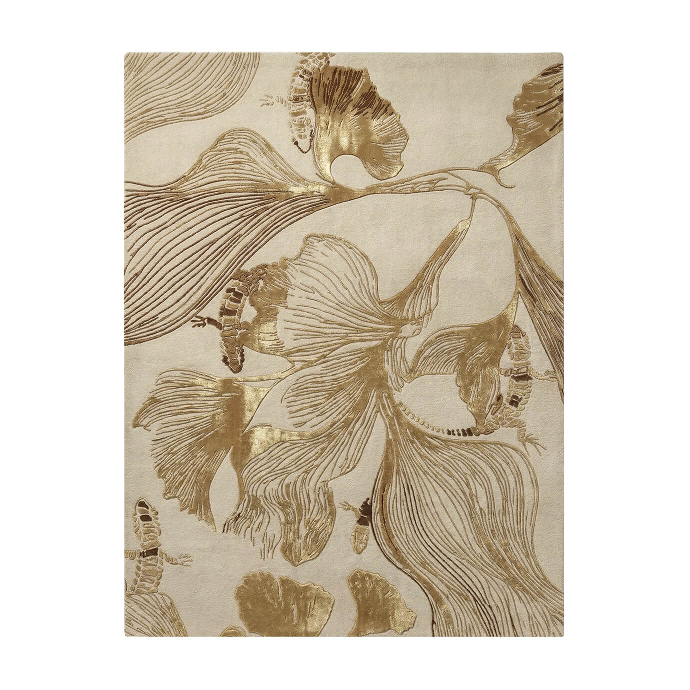 Luxury botanical area rug with gold ginkgo leaf pattern and metallic textures. Premium beige and gold hand-tufted rug for high-end interior design projects.