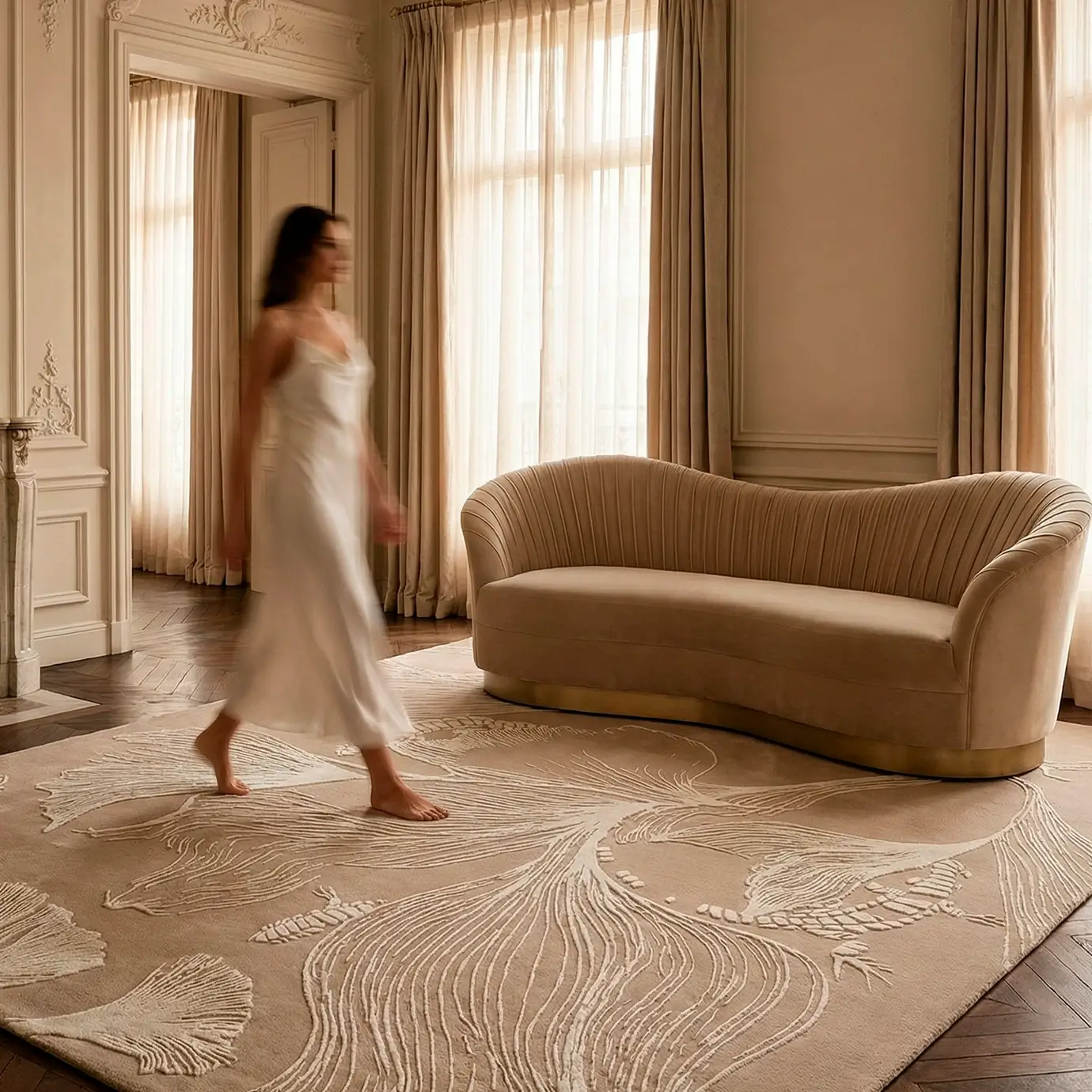 Elegant classical living room setting with high ceilings, featuring a beige KOKET Flora rug and a velvet curved sofa. Sophisticated residential interior with luxury botanical area rug.