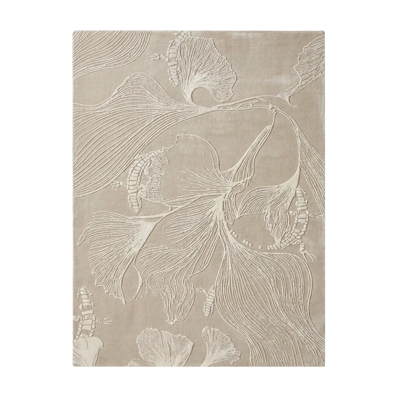 KOKET Flora luxury rug in a monochromatic nude palette. High-end hand-tufted rug with 3D botanical relief and ginkgo leaf pattern for contemporary neutral interior design.