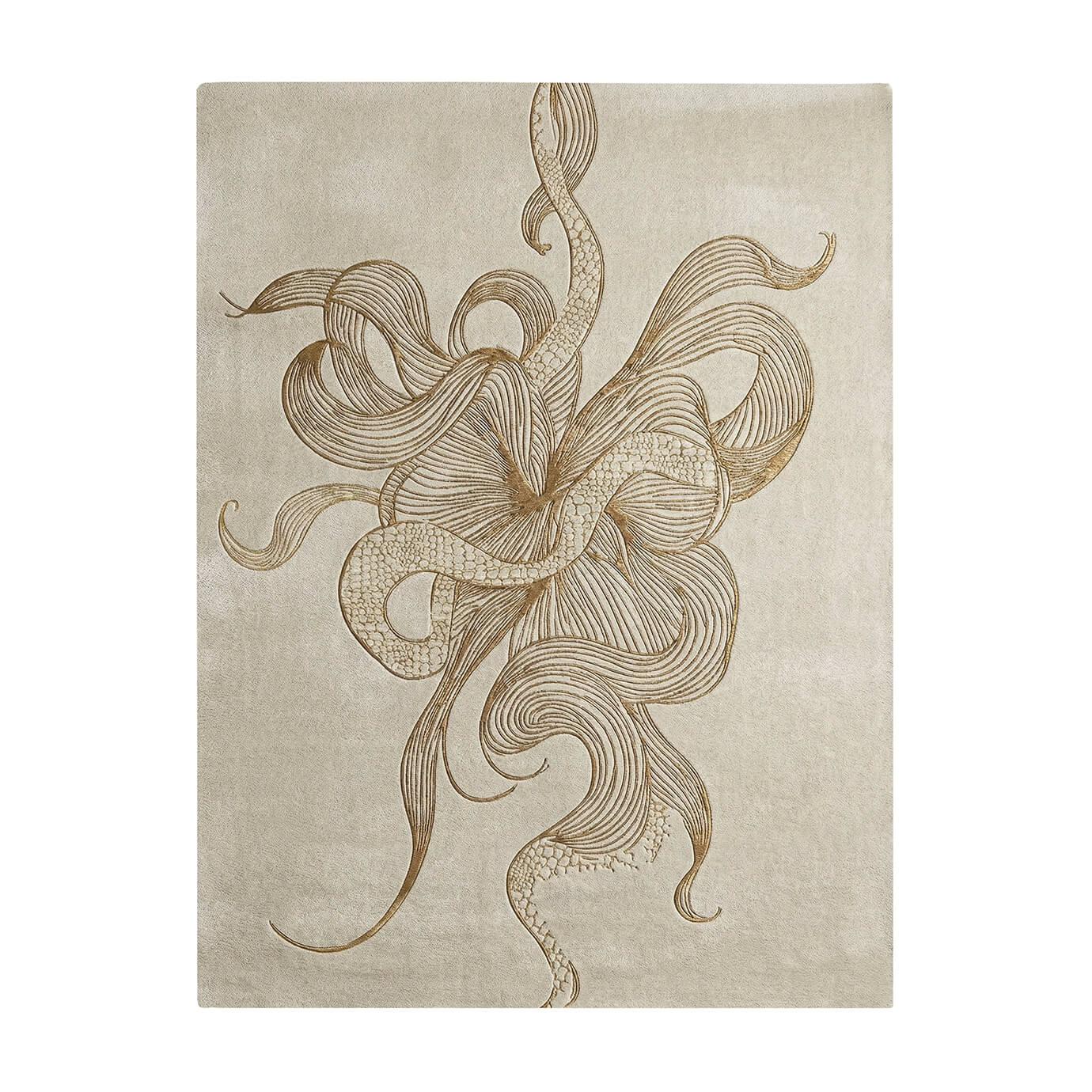Full view of KOKET Serpenti luxury rug in cream and gold. High-end designer area rug featuring an intricate intertwined snake motif with metallic gold textures and organic linework.