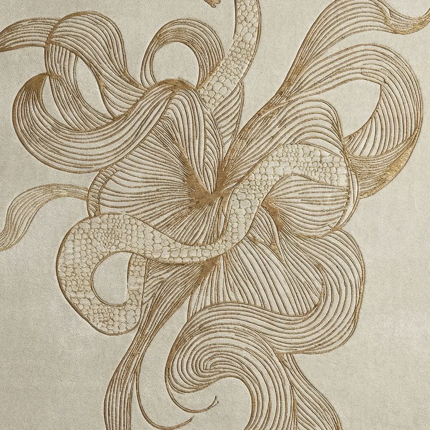 Close-up of the KOKET Serpenti Beige luxury rug, showcasing an intricate intertwined snake motif with premium hand-tufted relief textures in a neutral cream and gold palette.