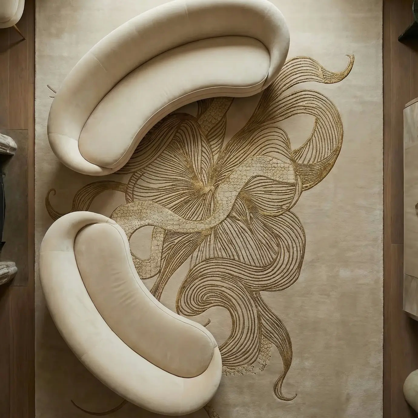 Detailed view of the KOKET Serpenti Beige luxury rug, featuring an intricate hand-tufted snake motif with premium metallic relief textures in a neutral cream and gold palette.