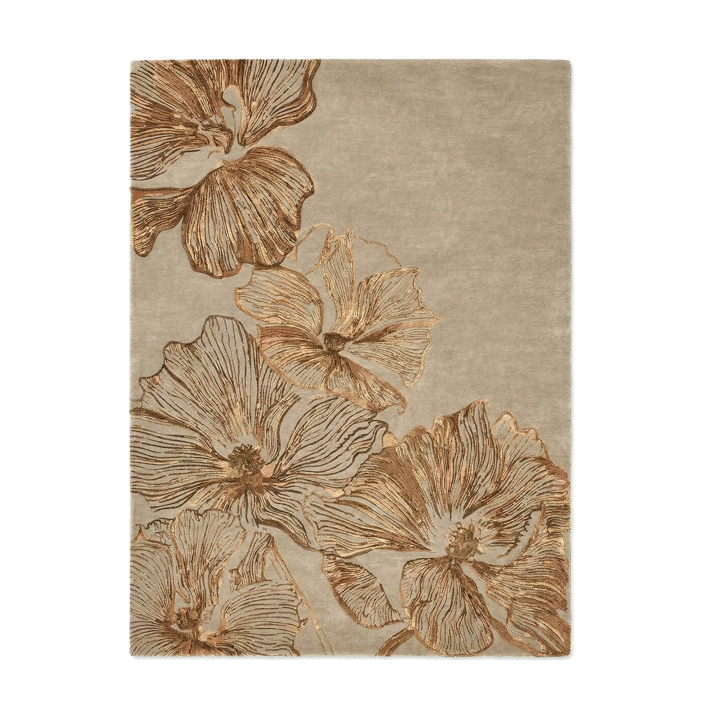 Full view of KOKET Poppy luxury rug in beige and bronze. High-end floral area rug featuring oversized poppy flower motifs with shimmering metallic textures and hand-tufted details.