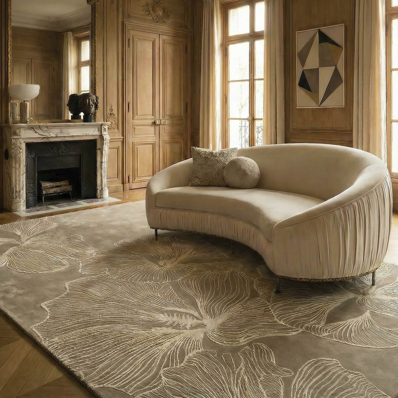Sophisticated living room setting with wood-paneled walls, featuring a nude KOKET Poppy rug and a curved cream velvet sofa.