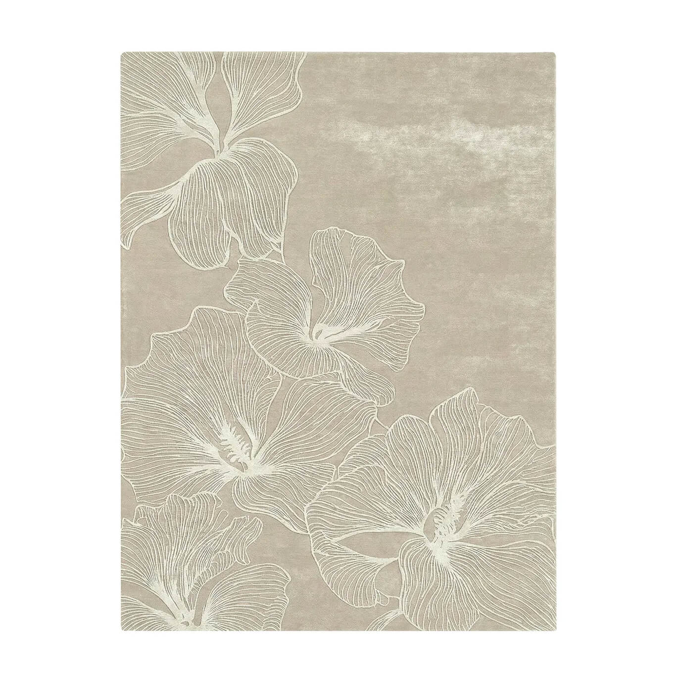Minimalist KOKET Poppy rug in a monochromatic nude palette with white floral line art, perfect for elegant and neutral interior spaces.