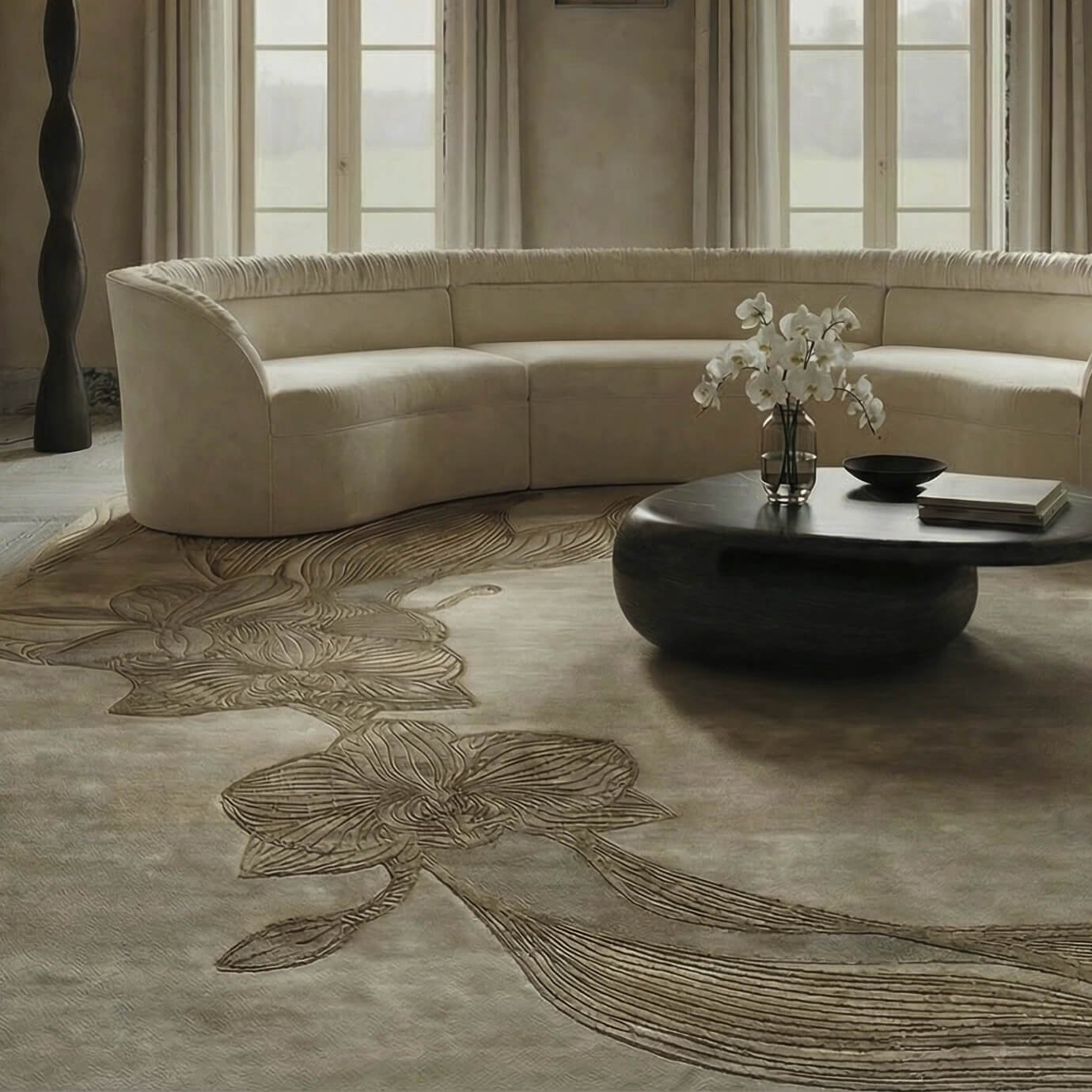 Luxury room setting with a curved cream sofa and the KOKET Orchid rug, emphasizing its elegant 3D orchid relief and high-end texture.