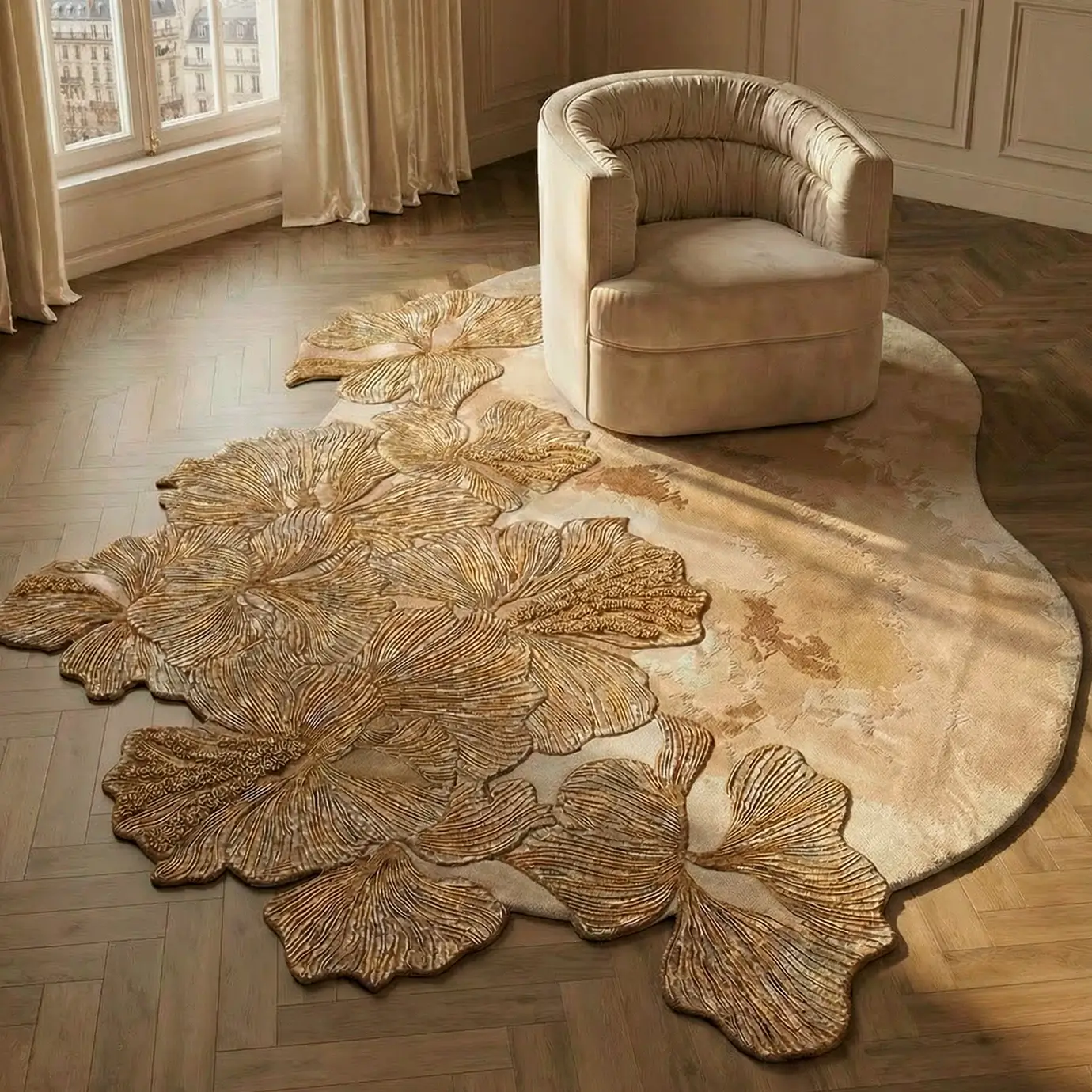 Contemporary high-end interior featuring the organic-shaped KOKET Hibiscus Round rug and a minimalist velvet armchair by a large window.