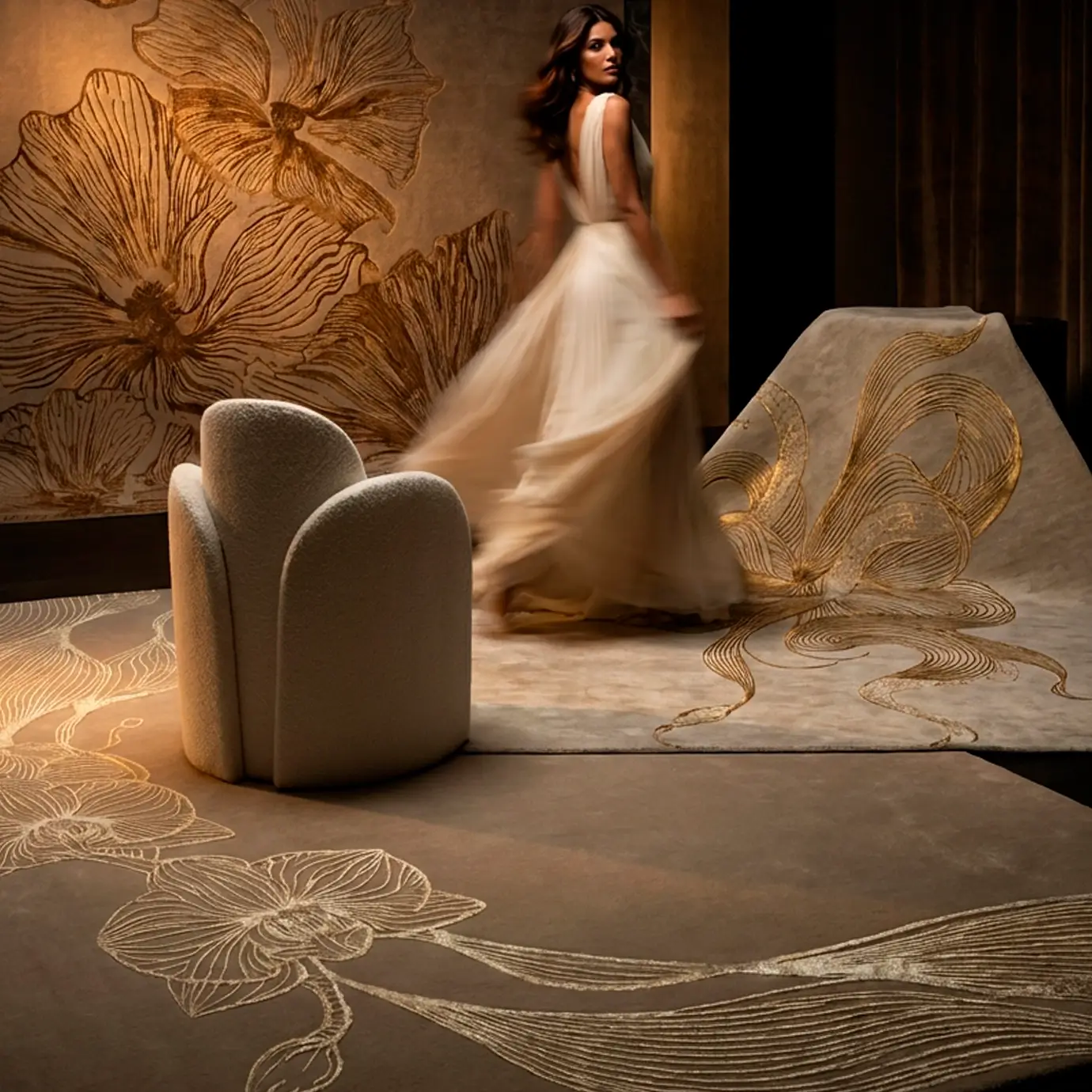High-end interior showcase featuring a woman in an evening gown among KOKET luxury rugs, including the Poppy and Orchid models.