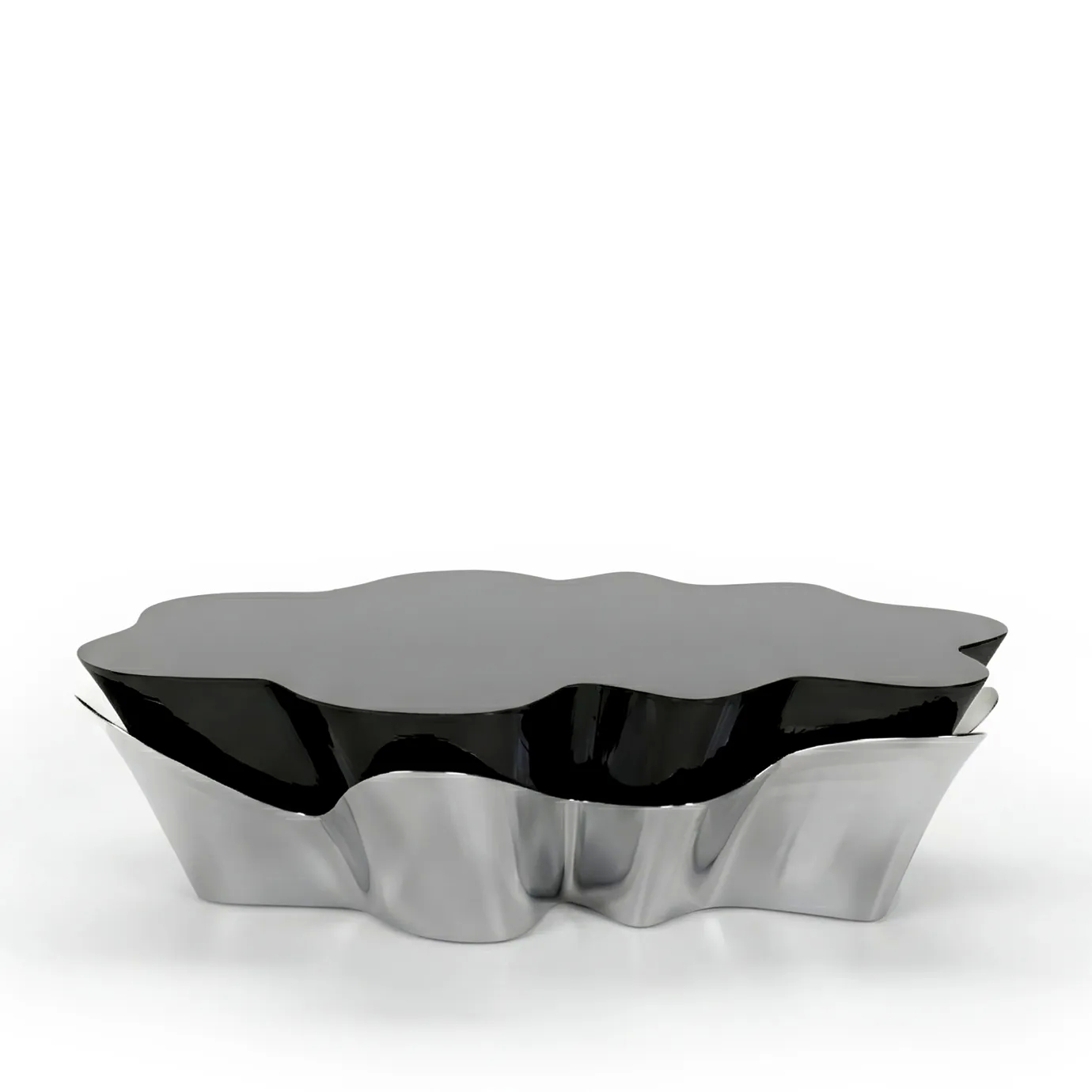 Yasmine Coffee Table by KOKET with sculptural silver metal base and glossy black lacquer top, luxury contemporary coffee table.