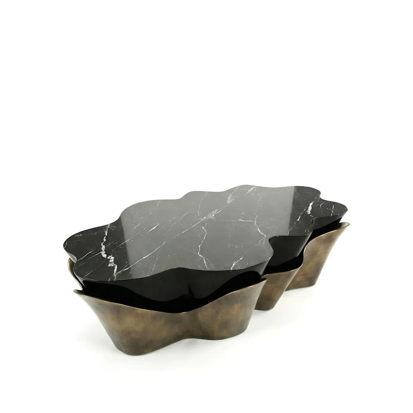 KOKET Yasmine Coffee Table, Aged Gold Powder finish, organic wave silhouette and Nero Marquina marble top in a luxury statement design.
