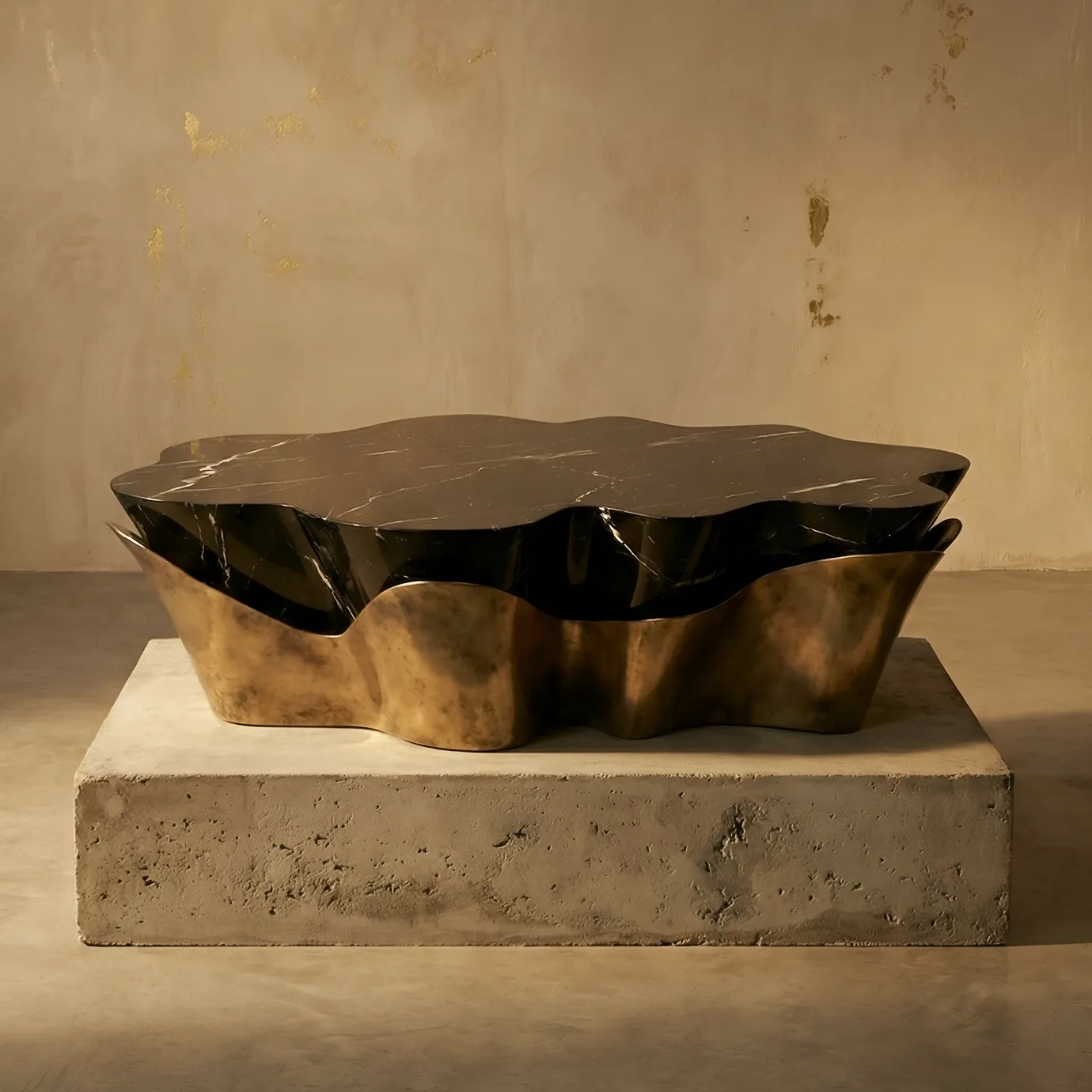 KOKET Yasmine luxury coffee table on a concrete plinth, featuring an aged gold leaf sculptural base and a glossy black marble top with an organic, petal-like silhouette.