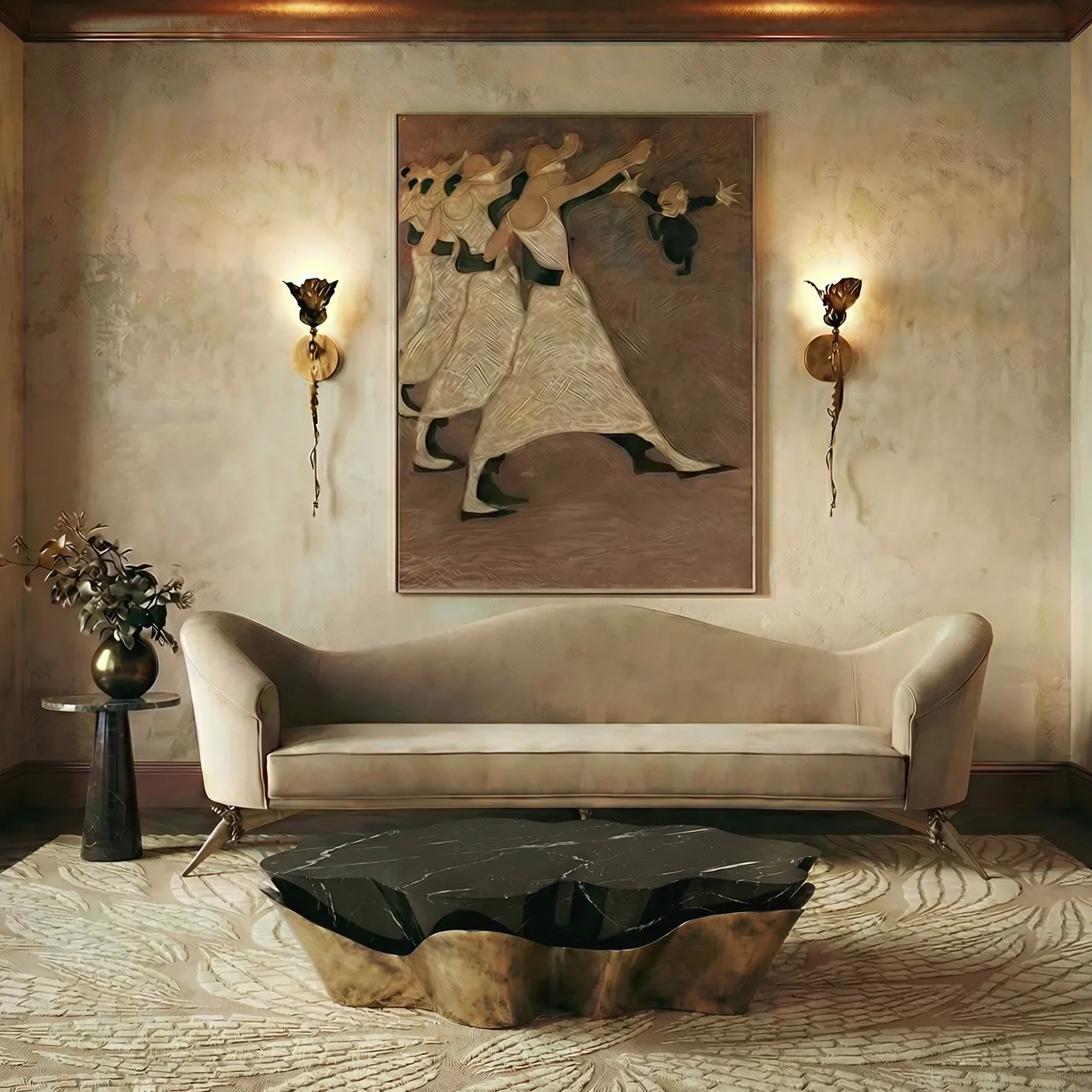 KOKET Yasmine luxury coffee table with an aged gold leaf sculptural base and black marble top, styled on the Terra Sand rug in a warm, cinematic living room with a curved beige sofa and floral wall sconces.