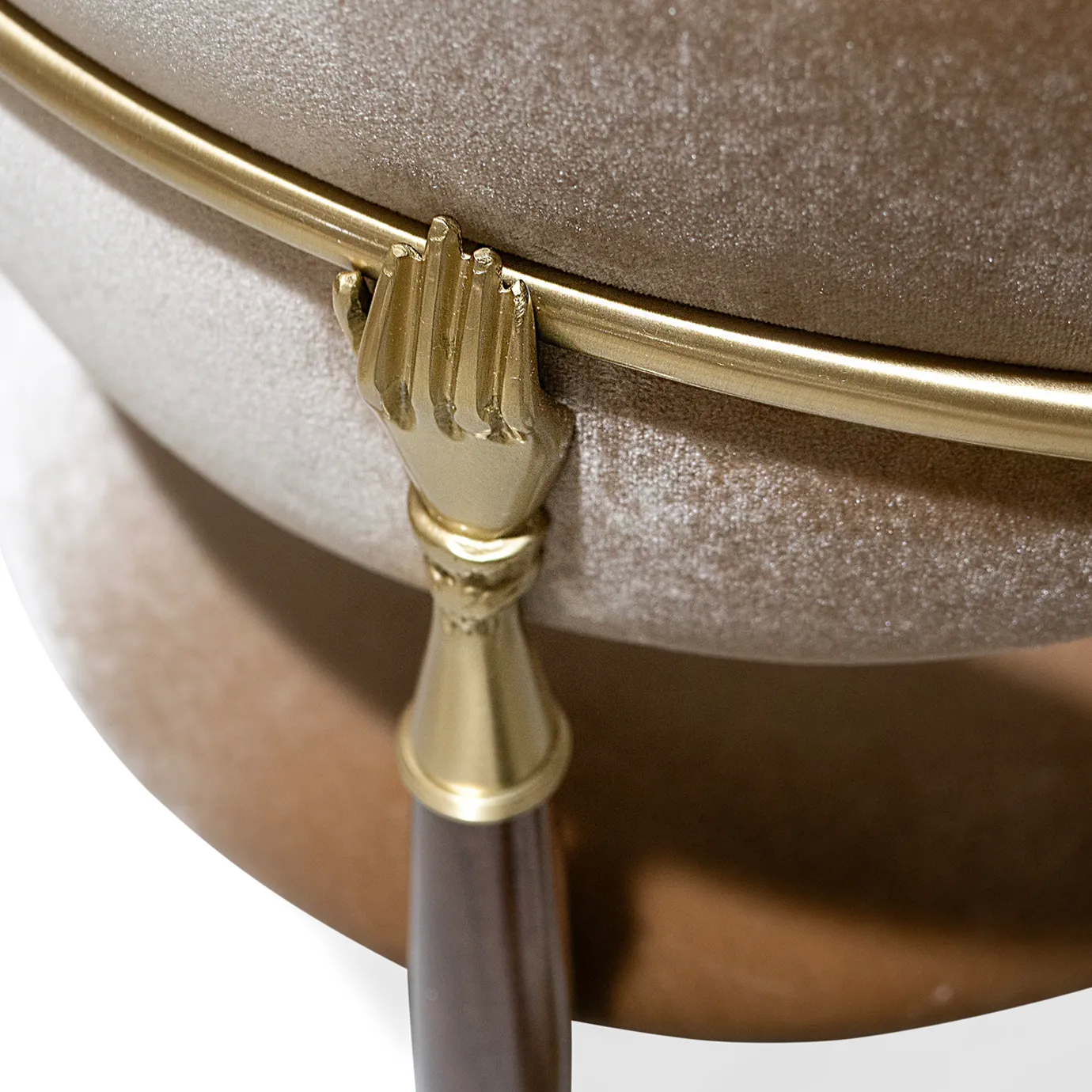 Nahéma Chair by KOKET satin brass arm rail and sculptural detached oval backrest in Silky Velvet 427