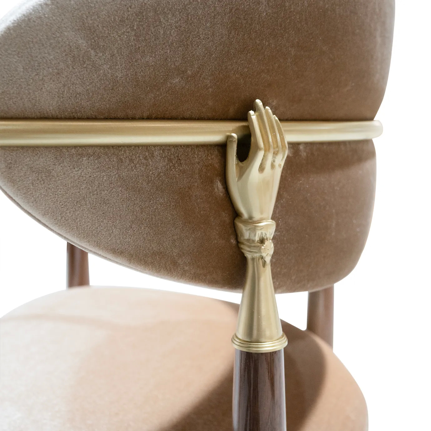Nahéma Chair by KOKET satin brass arm rail meeting hand-carved walnut leg with cast brass collar