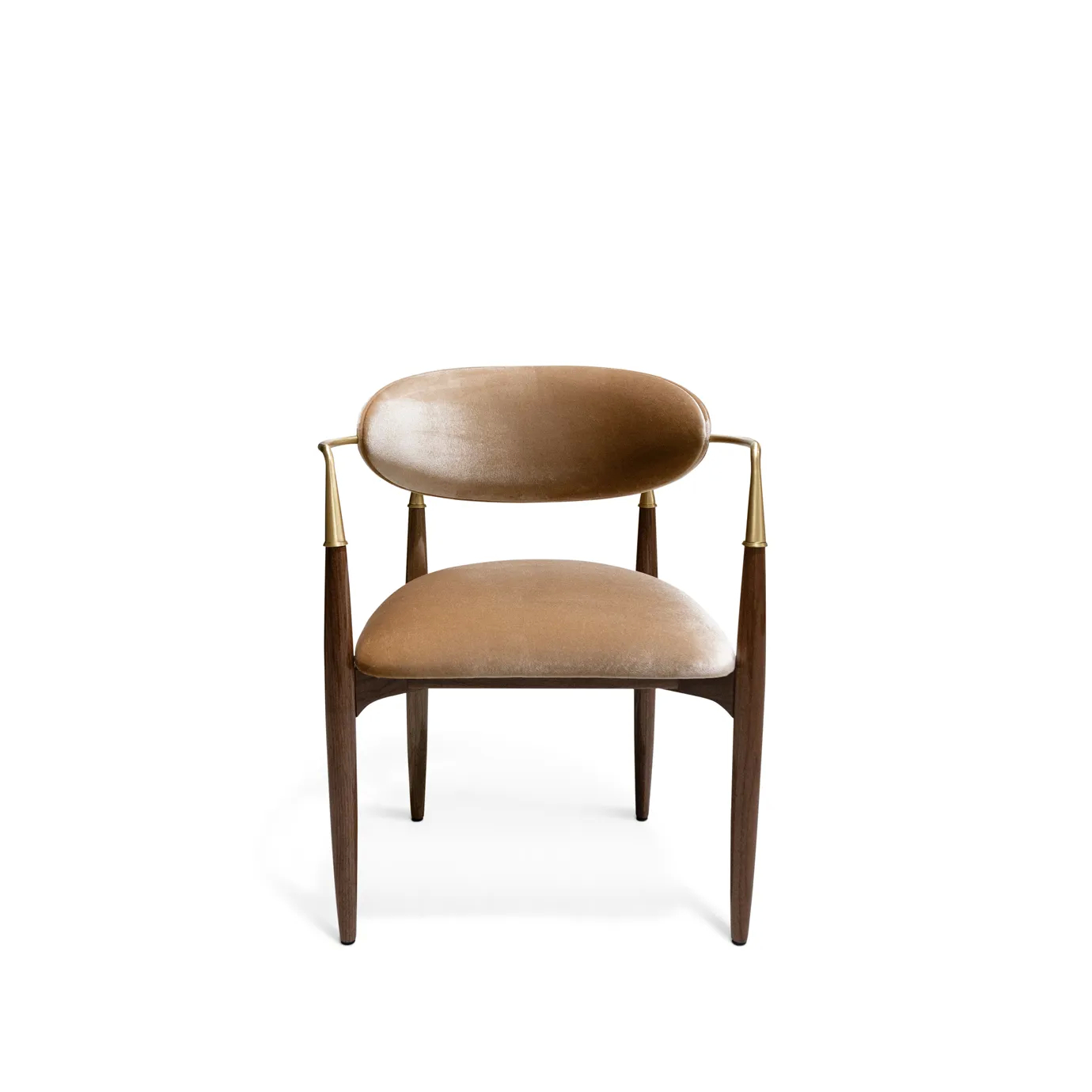 Nahéma walnut brass dining armchair with armrests by KOKET handcrafted solid walnut frame and satin brass arm rail