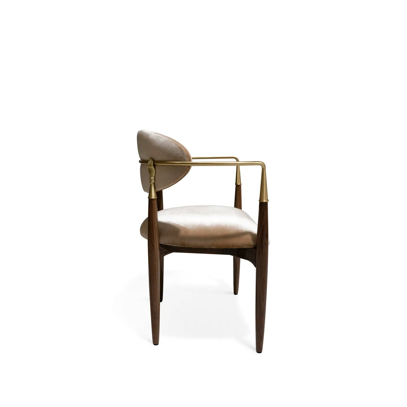 Nahéma Chair by KOKET side view with hand-carved walnut tapered legs and detached oval backrest