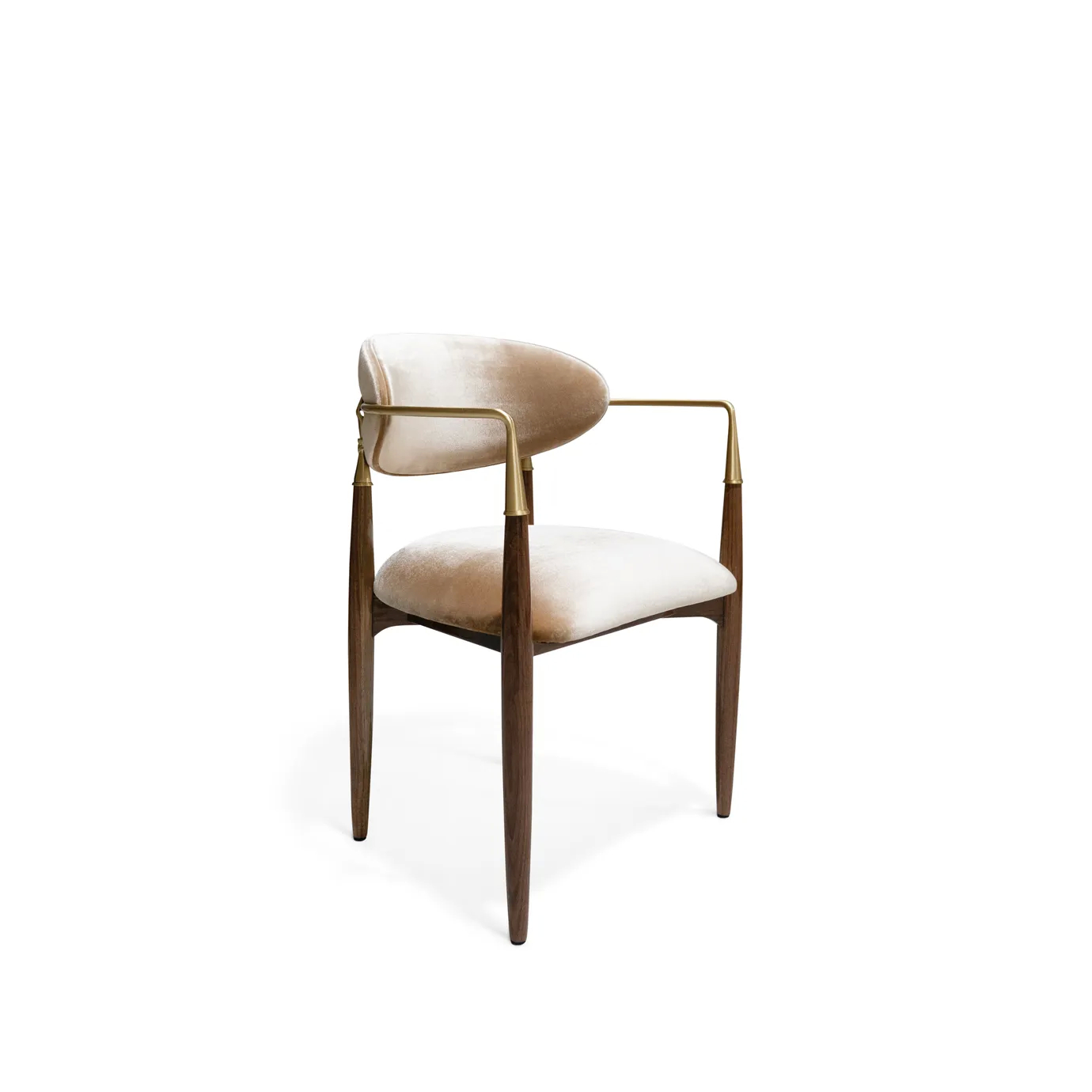 Nahéma Chair by KOKET three-quarter front view showing oval backrest, satin brass arm rail and solid walnut frame