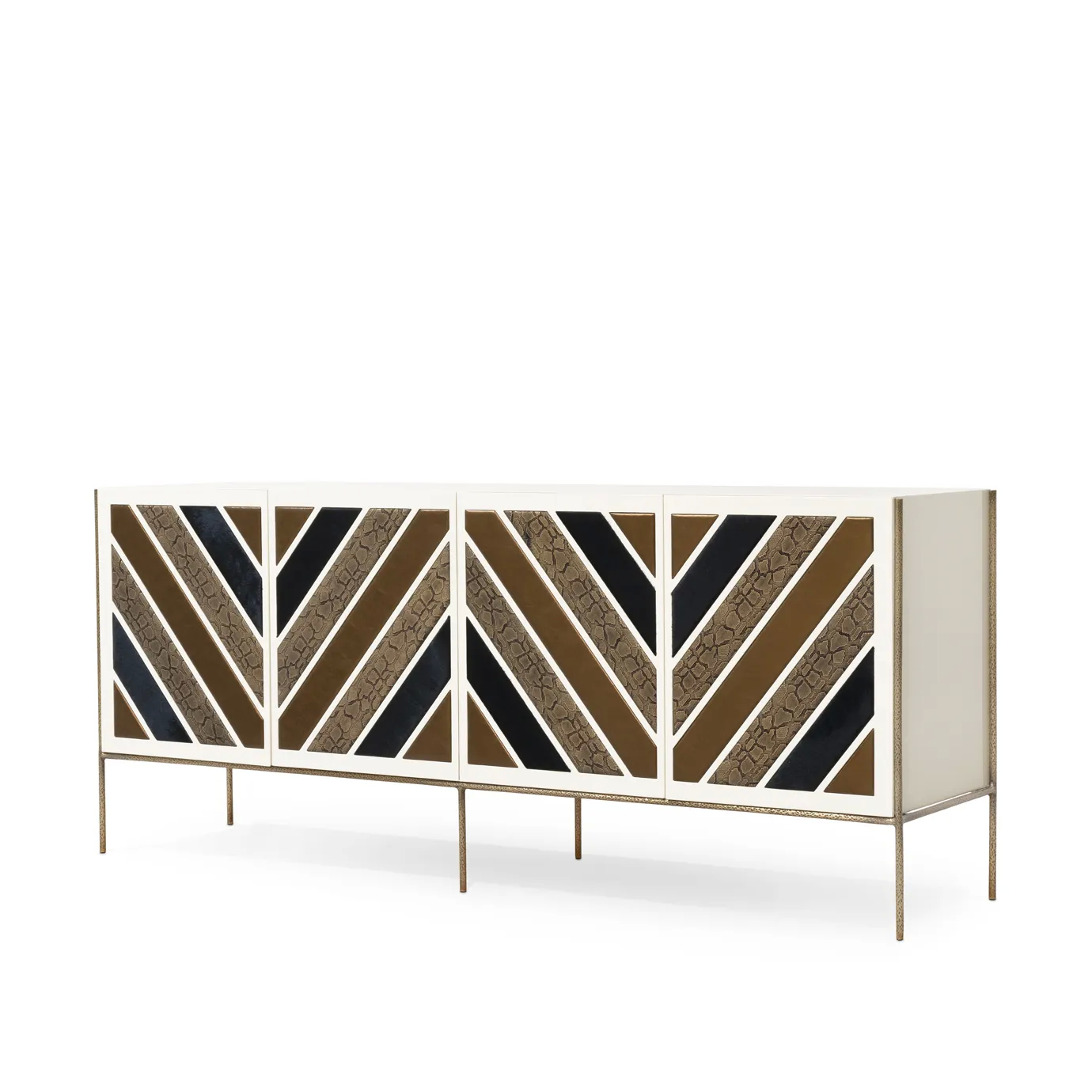 Opium Cream Cabinet by KOKET in lacquer with geometric leather panels and elevated brass structure