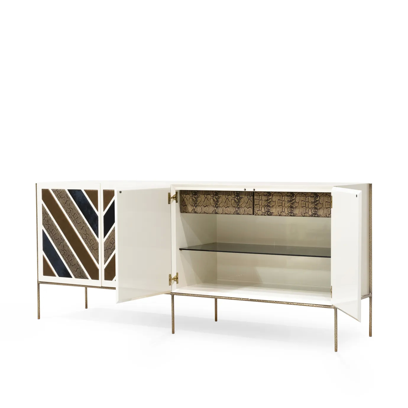 Interior detail of Opium Cream Cabinet with leather-lined drawers and refined material finish