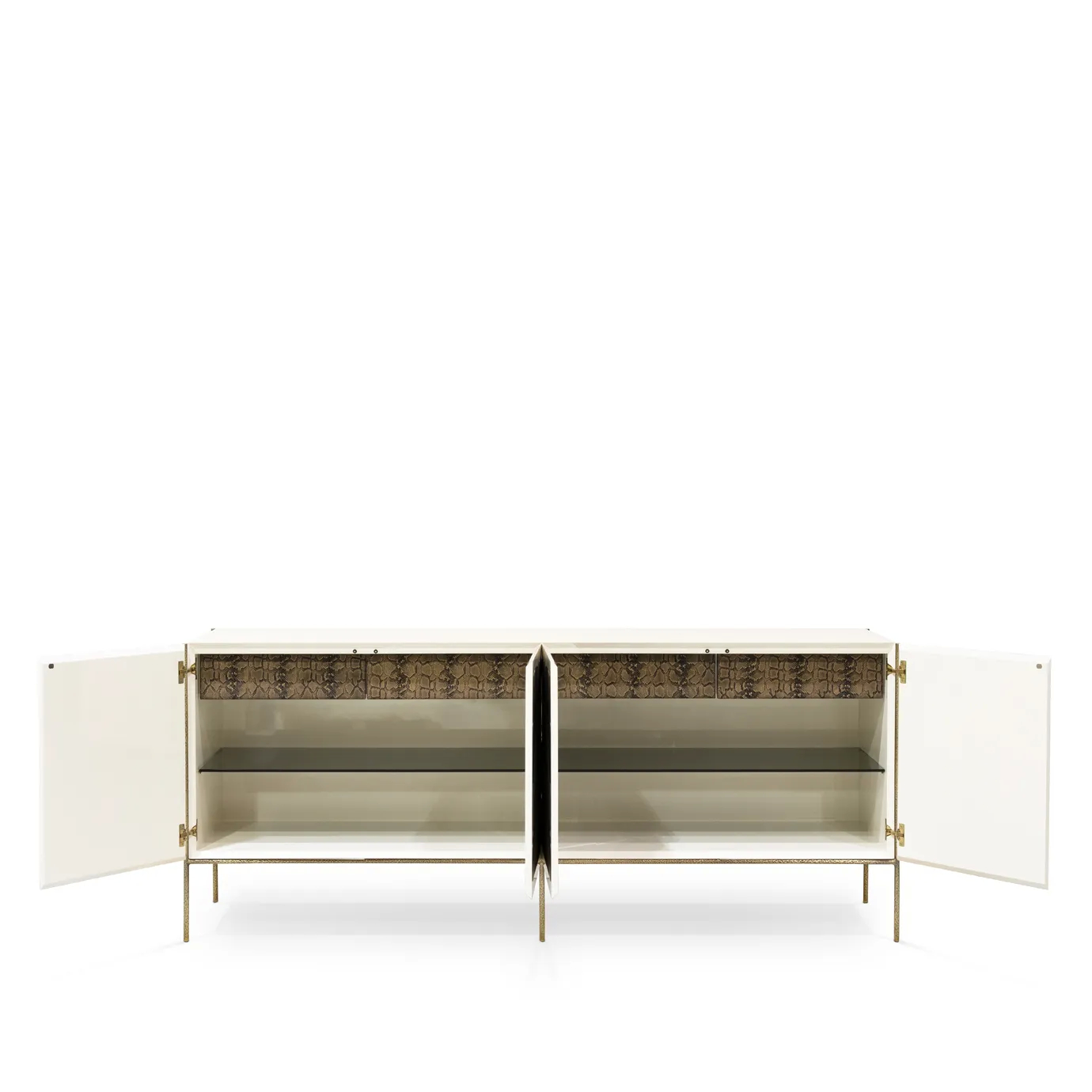 Fully open Opium Cream Cabinet showing interior storage with glass shelves and drawers