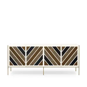 Opium Cream Cabinet by KOKET with geometric composition in contrasting exotic leathers and hammered brass base