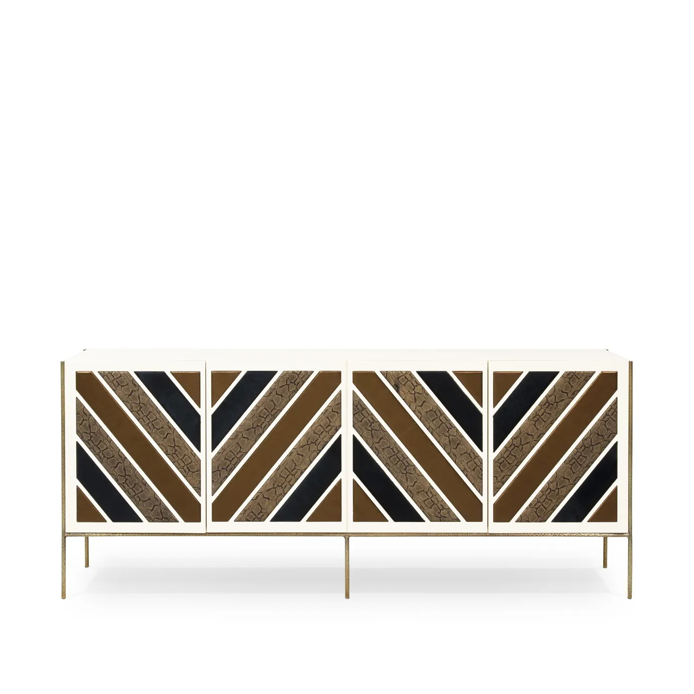 Opium Cream Cabinet by KOKET with geometric composition in contrasting exotic leathers and hammered brass base